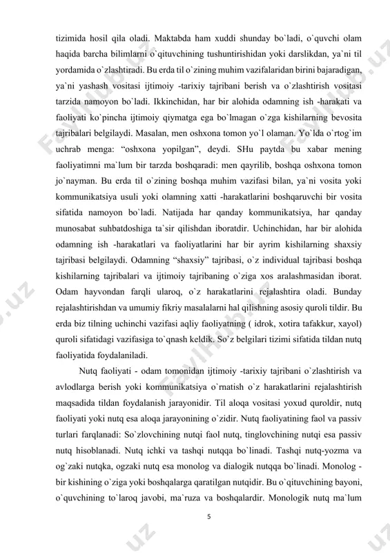 odamning “shaxsiy” tajribasi, o`z individual tajribasi boshqa kishilarning tajribalari va ijtimoiy tajribaning o`ziga xos aralashmasidan iborat. odam hayvondan farqli ularoq, o`z harakatlarini rejalashtira oladi. bunday rejalashtirishdan va umumiy fikriy masalalarni hal qilishning asosiy quroli tildir. bu erda biz tilning uchinchi vazifasi aqliy faoliyatning ( idrok, xotira tafakkur, xayol) quroli sifatidagi vazifasiga to`qnash keldik. so`z belgilari tizimi sifatida tildan nutq faoliyatida foydalaniladi. nutq faoliyati - odam tomonidan ijtimoiy -tarixiy tajribani o`zlashtirish va avlodlarga berish yoki kommunikatsiya o`rnatish o`z harakatlarini rejalashtirish maqsadida tildan foydalanish jarayonidir. til aloqa vositasi yoxud quroldir, nutq faoliyati yoki nutq esa aloqa jarayonining o`zidir. nutq faoliyatining faol va passiv turlari farqlanadi: so`zlovchining nutqi faol nutq, tinglovchining nutqi esa passiv nutq hisoblanadi. nutq ichki va tashqi nutqqa bo`linadi. tashqi nutq-yozma va og`zaki nutqka, ogzaki nutq esa monolog va dialogik nutqqa bo`linadi. monolog - bir kishining o`ziga yoki boshqalarga qaratilgan nutqidir. bu o`qituvchining bayoni, o`quvchining to`laroq javobi, ma`ruza va boshqalardir. …