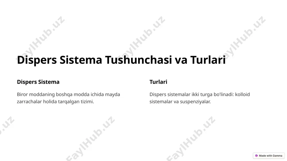 siyalangan tizimlarda zarrachalar o'rtasidagi o'zaro ta'sir kuchlari kuchayadi. disperslik darajasi yuqori disperslik tizimlarda zarrachalar o'rtasidagi o'zaro ta'sir kuchlari kuchliroq bo'ladi. 8 xulosa va asosiy natijalar dispers sistemalarning tuzilishi va ularning mexanik xususiyatlariga ta'siri chuqur o'rganishni talab qiladi. 9 image1.png image2.png image3.png image4.png image5.png image6.png image7.png image8.png image9.png image10.png image11.png image12.png image13.png image14.png image15.png