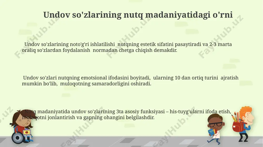 ki undan ortiq so'zlardan tashkil topishi mumkin. undov so'zlarining turli uslublardagi qo'llanilishi ilmiy uslubda undov so'zlari kam qo'llaniladi, ammo ularning 1-2 ta aniq misoli ma'lumotning ahamiyatini ta'kidlash uchun ishlatilishi mumkin. publisistik uslubda undov so'zlari 5-7 taga yetishi mumkin, o'quvchini faollashtirish va muloqotni jonlantirish vazifasini bajaradi. undov so'zlari badiiy adabiyotda 2-3 marta takrorlanib, emotsional ta'sirni kuchaytirishi mumkin, bu esa ekspressivlik uslubiy xususiyatini namoyon etadi. undov so'zlarining semantik xususiyatlari undov so'zlarining semantik maydoni juda keng bo'lib, 5 dan ortiq asosiy emotsional kategoriyalarni (quvonch, g'am-qayg'u, hayrat, qo'rquv va boshqalar) qamrab oladi. undov so'zlari, 1-guruhga mansub bo'lib, emotsional yukni 2-3 marta kuchaytiruvchi intensifikator funksiyasini bajaradi va semantik jihatdan mustaqil bo'lmagan komponent hisoblanadi. ba'zi undov so'zlari (masalan, "voy!", "oh!") o'ziga xos fonetik tuzilishi bilan ajralib turadi va ma'lum bir emotsiyani 100% ifodalashga mo'ljallangan bo'ladi. undov so'zlarining sintaktik vazifalari undov so'zlari gapda mustaqil gap bo'lagi vazifasini o'tamaydi, lekin ularning qo'llanishi gapning his-hayajon ifodalash darajasini 2-3 barobar …