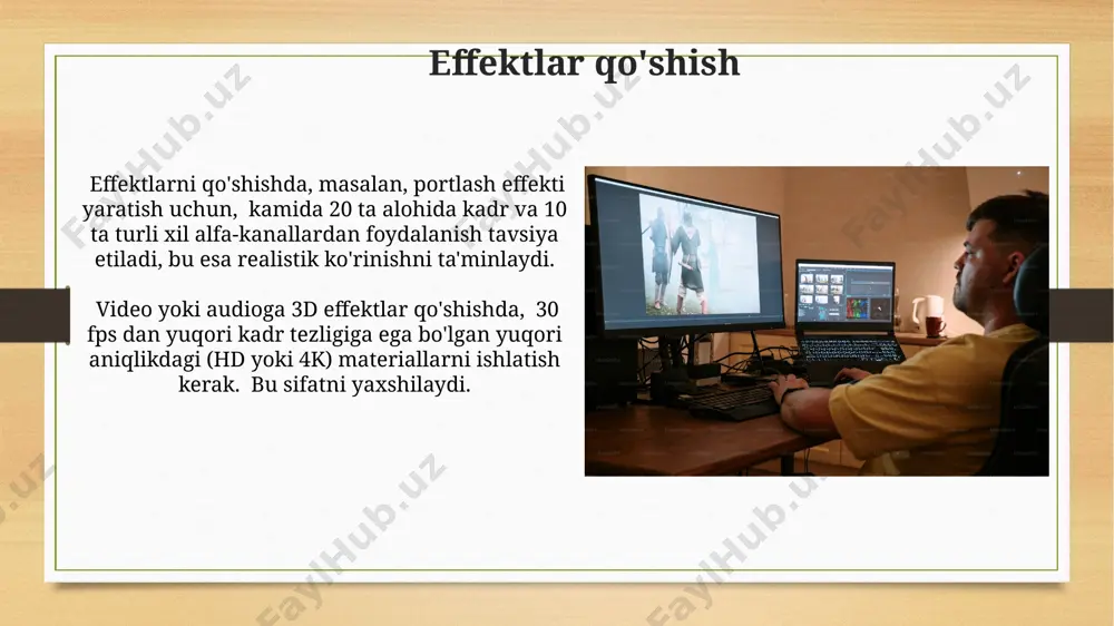 3000k dan 10000k gacha bo'lgan rang haroratlarini to'g'rilashga yordam beradi va tasvirning umumiy kayfiyatini o'zgartiradi. ranglarning to'yinganligini (saturation) va yorqinligini (brightness) sozlashda, gamma tuzatish kabi texnikalar yordamida, tasvirning kontrastini 1:5 dan 1:10 gacha oshirish mumkin. kadrlarni chizish texnikalari keyframe animatsiyasi 12 ta asosiy kadr bilan boshlanib, har bir harakatning boshlanish va tugash nuqtalarini aniqlash orqali silliq harakatni ta'minlaydi. interpolatsiya usuli orqali oraliq kadrlar avtomatik ravishda hosil bo'ladi. stop-motion animatsiyasi esa haqiqiy ob'ektlarni kadrma-kadr suratga olish orqali amalga oshiriladi, har bir kadr o'rtasida ob'ektning holatini ozgina o'zgartirish orqali 24 fps yoki undan yuqori tezlikda harakat illyuziyasi yaratiladi. animatsiya dasturlari animatsiya dasturlari, masalan, adobe after effects yoki blender, 2d va 3d animatsiyalarni yaratish uchun keng ko'lamli vositalar va effektlarni, shu jumladan 100 dan ortiq filtr va pre-setlarni taklif etadi. animatsiya dasturlarining ba'zilari, video va audio fayllarni import qilish, tahrirlash va eksport qilish uchun, mpeg-4, mp3 kabi turli xil formatlarni qo'llab-quvvatlaydi. e'tiboringiz uchun …
