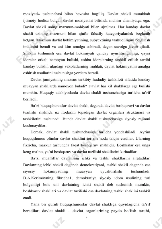 1, demokratiya siyosiy idora usulining turi bulganligi bois uni davlatning ichki shakli deb tushunish mumkin, boshkaruv shakllari va davlat tuzilishi esa davlatning tashki shaklini tashkil etadi. yana bir guruh huquqshunoslar davlat shakliga quyidagicha ta’rif beradilar: davlat shakli – davlat organlarining paydo bo‘lish tartibi, ularning strukturasi, xususan, davlatning oliy organlari strukturasi, ular urtasidagi o‘zaro munosabat, xususan davlatning markaziy organlari bilan tarkibiy kismi organlari va mahalliy organlari o‘rtasidagi o‘zaro munosabat, shuningdek, ularning jamiyatga raxbarlik qilish shakli. bu ta’rif uzun bo‘lsa ham, unda davlat shakli tushunchasining mazmunini ochib berishga harakat qilingan. qisqacha so‘z bilan aytganda, davlat shakli – davlat hokimiyatining tuzilish shaklidir. davlat shakliga, shuningdek, mamlakatning taraqqiyot darajasi, uning madaniyati mamlakatda tarkib topgan tarixiy an’analar, urf-odatlar ham ta’sir kursatadi. masalan, angliyada davlat shakllari o‘rta asrlarda tarkib topgan bo‘lib, ular hozirgi kunga qadar hurmat qilinmoqda. tabiiyki, gap davlat hokimiyatining tuzilish shakllari xakida borar ekan, bunda ham boshqaruv shakli, ham davlat tuzilishi shakli, ham siyosiy …