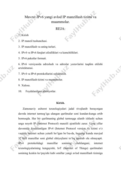 ipv6 yangi avlod ip manzillash tizimi va muammolar — DOCX