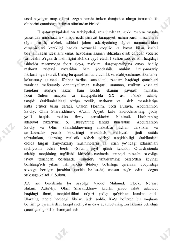 kitobi mazmuni, shakli, janri jihatidan adabiyotshunosligimizda yangi hodisa. zahmatkash olim ulug‘ shoirning barcha asarlari hamda navoiy zamondoshlari - tarixchi, adabiyotchi olimlar asarlari asosida ulug’ o‘zbek shoirining tarjimayi holini, ko‘pgina asarlarining yozilish tarixini yaratdi»2. izzat sulton yetuk dramaturg va kinossenariychi sifatida ham samarali ijod qildi. o‘zbek milliy akademik teatrida uning o‘nga yaqin dramasi sahnalashtirildi. uyg’un bilan hamkorlikda yozgan «alisher navoiy» pyesasi o‘zbek dramaturgiyasi va sahna san’atining nodir yutuqlaridan biri bo‘lib qoldi hamda har ikki muallifga shuhrat keltirdi. yetuk adabiyotshunos va tanqidchi. «adabiyot nazariyasi» (1939) kitobi o‘zbekiston madaniy-adabiy hayotida ulkan voqea bo‘!di. darslik 1940-yilda eng yaxshi ilmiy va badiiy asarlar uchun o'tkazilgan tanlovda birinchi mukofot bilan taqdirlandi. asar ko‘p yillar mobaynida faqat o‘rta maktab uchungina emas, respublika oliy o‘quv yurtlarida ham asosiy darslik vazifasini bajardi. izzat sulton o‘zbek adabiyotshunosligida a.sa’diy va fitratdan kcyin adabiyot nazariyasidan darslik yaratgan uchinchi ustoz sanaladi. olim shuhrati respublikamiz tashqarisida ham keng yoyildi. izzat sulton siyosat va mafkurada …