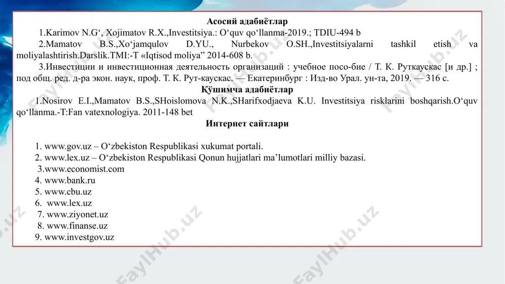 rishdir. iqtisodiy mazmuni jihatdan investitsiya turli faoliyatlarga safarbar etilgan moddiy, nomoddiy boyliklar va ularga boʻlgan huquqlarni aks ettiradi. investitsiya sifatida pul, qimmatli qogʻozlar (aksiya, obligatsiya, sertifikat, veksel), yer, bino, inshoot kabi boyliklar, intellektual mulk boʻlgan ilmiy kashfiyotlar, ixtirolar va b. ishlatiladi. investitsiya loyihalariga mablagʻ qoʻyuvchilar — investorlar davlat, kompaniya, korxona, chet ellik fuqarolar, aholi va boshqalar boʻlishi mumkin. uning quyidagi turlari mavjud: davlat investitsiyasi — davlat byudjeti va moliya manbalari hisobidan kiritiladi; chet el investitsiyasi — xorijiy davlatlar, banklar, kompaniyalar, tadbirkorlar tomonidan kiritiladi; xususiy investitsiya — xususiy, korporativ xoʻjalik va tashkilotlar, fuqarolar mablagʻlari, shu jumladan, shaxsiy va jalb qilingan mablagʻlar hisobidan qoʻyiladi. investitsiya qoʻyilish shakliga qarab moliyaviy (portfel) va real (ishlab chiqarish) investitsiyaga boʻlinadi. moliyaviy (portfel) investitsiya — aksiya, obligatsiya va b. qimmatli qogʻozlarni sotib olishga qoʻyiladigan investitsiya, ; real investitsiya — moddiy ishlab chiqarish (sanoat, qishloq xoʻjaligi, qurilish va b.) sohasiga, moddiy-ashyoviy faoliyat turlariga uzoq, muddatli mablagʻlar qoʻyish shakllarida …