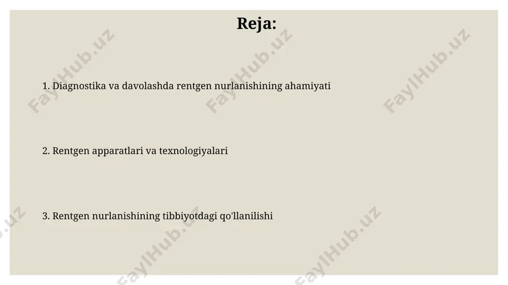 n oshmasligi kerak, chunki yuqori dozalarda onkologik kasalliklar xavfi ortadi. himoya choralari qo'llanilishi shart. rentgen apparatlari bilan ishlashda qo'rg'oshinli ekranlar va farpeklar, shuningdek, individual doza o'lchagichlar yordamida nurlanishdan himoyalanish ta'minlanadi. rentgenografiya usullari rentgenografiyaning fluoroskopiya usuli real vaqt rejimida organlar va to'qimalarning harakatini kuzatish imkonini beradi, bu esa minimal invaziv jarrohlik amaliyotlarida qo'llaniladi. rentgenografiyaning yuqori aniqlikdagi kompyuter tomografiyasi (kt) 0,5 mm dan kam qalinlikdagi kesmalarni hosil qilib, murakkab anatomik tuzilmalarni batafsil tasvirlaydi. magnit-rezonans tomografiyasi (mrt) bilan solishtirish mrt tekshiruvi rentgenografiyaga qaraganda ancha uzoqroq davom etadi (30 minutgacha), rentgen tekshiruvi esa odatda bir necha soniya yoki daqiqalarni oladi. rentgen nurlanishi mrtga nisbatan yuqori energiyali fotonlardan foydalanadi, bu esa suyak tuzilmalarini aniqroq tasvirlash imkonini beradi, mrt esa yumshoq to'qimalarning batafsil tasvirini beradi. dental rentgenografiyasi panoramali rentgenografiya yoki ortopantomografiya butun jag'ning bitta tasvirida ko'rish imkonini beradi va taxminan 10-20 soniya ichida 20 ta tishni va qo'shni tuzilmalarni o'rganishga imkon beradi. dental rentgenografiyasi past dozalarda …