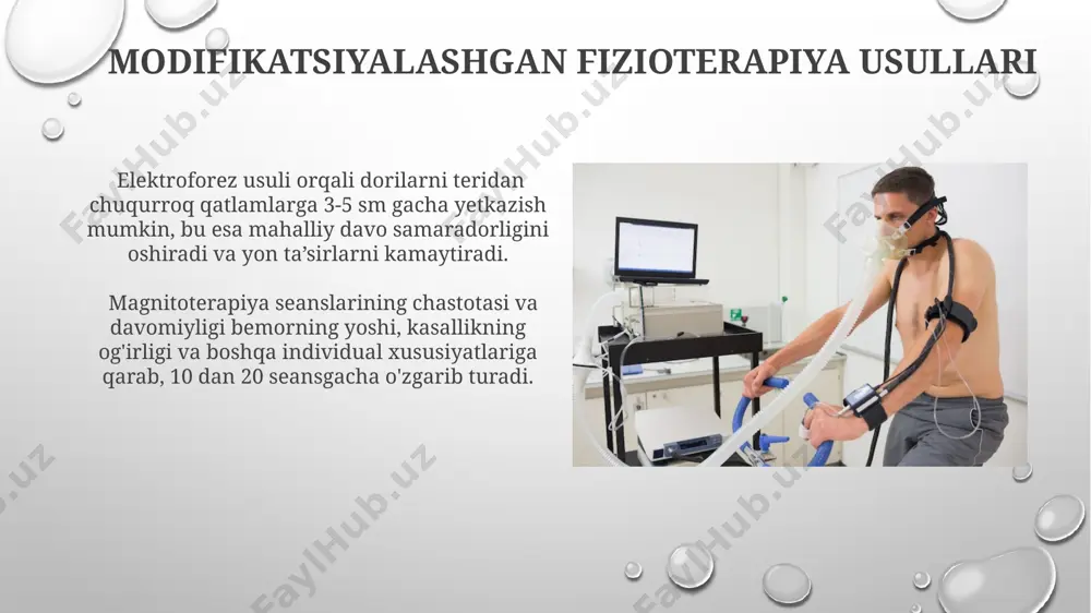 piya, miya qon aylanishini 15% ga yaxshilash orqali kognitiv funksiyalarni tiklashda samaraliroq bo'ladi. kislorod terapiyasining turlari kislorod terapiyasining asosiy turlari orasida giperbarik oksigenatsiya (hbo), topikal oksigen terapiyasi va inhalyatsion oksigen terapiyasi mavjud bo'lib, ularning har biri turli xil tibbiy holatlarni davolashda qo'llaniladi. giperbarik oksigenatsiya (hbo) terapiyasi jarayonida bemor maxsus bosimli xonada 1,5-3 atmosfera bosim ostida toza kislorod bilan nafas oladi, bu qonning kislorod bilan to'yinishini sezilarli darajada oshiradi. kislorod terapiyasining foydali ta'siri gipoksiya belgilari bilan og'rigan bemorlarda kislorod terapiyasi qo'llanilganda, 2-3 seansdan so'ng og'riqlarning kamayishi va umumiy ahvolning yaxshilanishi kuzatiladi. kislorod terapiyasi yurak-qon tomir tizimining ishlashini yaxshilaydi, arterial bosimni 10-15 mm hg gacha pasaytirishi mumkin va miokardning kislorod bilan ta'minlanishini oshiradi. xulosa va tavsiyalar davolash natijalarini baholashda, og'riq darajasi, harakat doirasining ko'rsatkichlari va boshqa ob'ektiv klinik ko'rsatkichlarni o'z ichiga olgan, kamida 3 ta mezonni ishlatish tavsiya etiladi. kislorod terapiyasi bilan birga modifikatsiyalangan fizioterapiya usullarini qo'llashda, bemorlarning yoshi va umumiy sog'lig'ini …