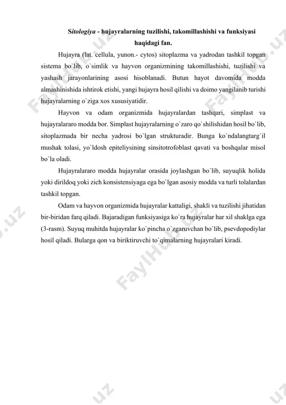 bilan aloqasi; 8-yadro teshiklari; 9-yadrocha; 10- plastinkasimon kompleks (golji kompleksi), ii-sekretor vakuolalar; 12-mitoxondriyalar; 13-lizosomalar; 14-mikrovorsinkalar; 5-kiprikchalar; 16- desmosomalar; 17-interdigitatsiya; 18- biriktiruvchi plastinka; 19-bazal plazmatik membrana burmalari. bir-biriga yaqin yotgan hujayralar esa ma’lum formaga ega. masalan, plast hosil qiluvchi teri epiteliysi hujayralari yassi, qisqaruvchan mushak hujayralari esa uzun duksimon shaklda bo`ladi. impuls o`tkazuvchi nerv hujayralar esa uzun-uzun o`simtalarga ega bo`ladi. erkaklar jinsiy hujayrasi – spermatozoidda harakat qiladigan xivchinlari bor va hokazo. odam va ko`pgina sut emizuvchi hayvonlarning hujayralari 5-7 mkm (mikrometr) dan 200 mkm gacha bo`ladi. ko`rinishi va kattaligi bilan hujayralar bir-biridan farq qilsada, ular ko`pincha hujayra tuzilishining asosiy belgilarini saqlab qoladi (4-rasm). odam va hayvon hujayralarining umumiy tuzilishi bir hujayrali avlodlarni eslatsa ham, ammo ko`p hujayralilar murakkab funktsiyalarni bajarishi bilan bog`liq bo`lgan o`z tuzilmalari bilan ajralib turadi. har bir hujayra sitoplazma qobig`i (sitolemma, hujayra qobig`i), sitoplazma va yadrodan tashkil topgan. sitoplazma: organellalar, kiritmalar va gialoplazmadan: yadro: yadrocha, xromatin, yadro shirasi …