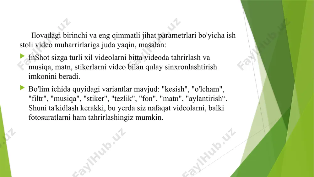 ita variantning yagona farqi shundaki, "o'lcham" da siz fotosuratni hali ham fonga ega bo'lishi uchun sozlashingiz mumkin. “kesish"da esa siz fotosuratni kerakli formatda kesib olishingiz mumkin. filtr + sozlash bu funksiya shuningdek, uchta kichik bo'limga ega: 10 ta bepul filtr, 9 ta effekt va sozlash. bu yerda siz mustaqil ravishda fotosuratni rangini tuzatishingiz mumkin. fon fotosuratlarda, fon loyqa bo'lsa ham, moybo'yoq qo'llanilmaydi. qolganlari "video" bo'limidagi variantlar bilan mutlaqo bir xil. stiker "video" va "fotosurat" dagi stikerlarning yagona farqi shundaki, bu yerda ular jonlantirilmaydi. matn shuningdek, 38 ta bepul shriftlar, turli xil ranglar mavjud. burilish "burish" sizga fotosurat bilan turli xil manipulyatsiyalarni bajarishga imkon beradi, masalan, muntazam aylanish, turli burchaklarda aylantirish va kattalashtirish. inshotning noqulay taraflari bu dasturdan foydalanib ko’rgan odam sifatida shuni ayta olamanki, inshot o’zining raqobatchisi cupcat singari qulay va oddiy interfeysga ega emas. bundan tashqari, 2k yoki 4k formatda saqlab olish imkoniyati faqat pullik versiyagagina xos. avallari bepul …