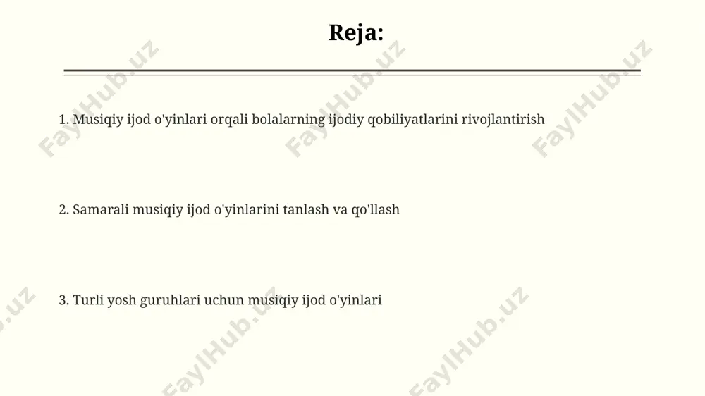 р орқали импровизация ва композиция кўникмаларини ривожлантириш мумкин, бунда 2-3 та содда куйчани бирлаштириш таклиф этилади. 3-5 ёшли болалар учун ритмик ҳаракатларни ўз ичига олган оддий қўшиқлар ва ўйинлар, масалан, “лаппа-лаппа”, “қуёнча” кабилар, эшитиш ва ҳаракат координациясини ривожлантиради ва мусиқий идрокни шакллантиради. boshlang'ich sinf o'quvchilari uchun musiqiy ijod o'yinlari "tovushlarni topish" o'yini kabi musiqiy-didaktik o'yinlar orqali 8-10 yoshli bolalar turli xil tovushlarni farqlash va ularni musiqiy kontekstda ishlatishni o'rganadilar, bu esa ularning ijodiy tasavvurlarini kengaytiradi. improvizatsion musiqiy o'yinlar, masalan, 6-9 yoshli bolalar uchun berilgan mavzularga asoslangan sodda melodiya yaratish, ularning musiqiy fikrlash va ekspressiv ifodalanish qobiliyatlarini 30% gacha oshirishi mumkin. boshlang'ich sinf o'quvchilarida ritmni 5-7 yoshdagi bolalar uchun sodda perkussiya asboblari (qo'ng'iroq, daf) yordamida o'rgatish orqali musiqiy ijodkorlikni rivojlantirish mumkin, bu ularning musiqiy hissiyotini va koordinatsiyasini yaxshilaydi. ota-onalar bilan hamkorlik maktabgacha ta'lim muassasalarida o'tkazilgan 20 ta musiqiy o'yinlar tadqiqoti shuni ko'rsatdiki, ota-onalarning faol ishtiroki bolalarning ijodkorlik ko'rsatkichlarini 25% ga oshirgan. …