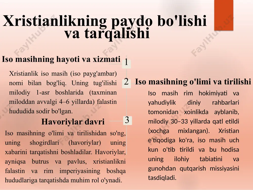ningdek sev." kechirim va dushmanlarga nisbatan muhabbat ko‘rsatish ham muhim qadriyat hisoblanadi. axloq va hayotiy qadriyatlar xristianlik axloqiy jihatdan halollik, adolat, sabr-toqat, va shukr qilishni targ‘ib qiladi. qonun-qoidalarga rioya qilish va odamlarga xizmat qilish muqaddas amallar sifatida qabul qilinadi. xristianlikda iymon kalimasi “yagona, muqaddas sobor va opostol cherkovi” ga ishonishni, cho’qintirish zarurligini tan olishni, qiyomatda o’liklarning tirilishiga, shundan so’ng savob egalariga mangu roxat-farog’at ko’rish, gunoxkorlarga doimiy azob-uqubat tortish davri kelishiga ishonishni buyuradi xristianlikning bosh ibodati liturgiya (obednya, messa) bo’lib, u har xil afsungarliklar, muzika chalish, ashula aytish, “muqaddas” yozuvlarni o’qish, qad bukib ta’zim bajo keltirish, sham va chiroqlarni yondirish, xushbo’y narsalarni chekish bilan qo’shib olib boriladigan diniy amallardan iborat. “muqaddas uchlik” ning har birini, bibi maryamni ulug’lash “xudoga xush kelgan avliyolarga”, xudo yarlaqaganlarga ham sig’inishni keltirib chiqargan. xristianlikda butga cho’qinish ham muhim o’rinni egallaydi. unda pasxa (isoning tirilishi), tariqa (yoki pyatidesyatnitsa), rojdestvo (isoning tug’ilishi) va boshqa bayramlarga katta o’rin berilgan. …