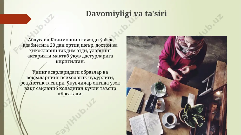 a vatan, ona, mehr-muhabbat, insoniy fazilatlar kabi mavzulardan tashqari, zamonaviy hayotning ijtimoiy-siyosiy muammolari ham aks etadi, taxminan 30 dan ortiq she'riy to'plamlarida ko'rinadi. qosimov she'riyatidagi lirika qosimov she'rlarida zamonaviy shahar hayoti, industrializatsiya va texnika taraqqiyoti bilan bog'liq tasvirlarni kamdan-kam uchratish mumkin, uning lirikasi asosan tabiiy landshaftlarga asoslangan. qosimov lirikasida tabiat tasvirlarining 70% dan ortig'i ona yurt, vatan mavzusiga bag'ishlangan bo'lib, bu uning vatanparvarlik tuyg'ularining chuqurligini ko'rsatadi. e'tiboringiz uchun rahmat @taqdimot_robot image1.jpg image2.jpg image3.jpg image4.jpg image5.jpg image6.jpg image7.jpg image8.jpg image9.jpg image10.jpg image11.jpg image12.jpg