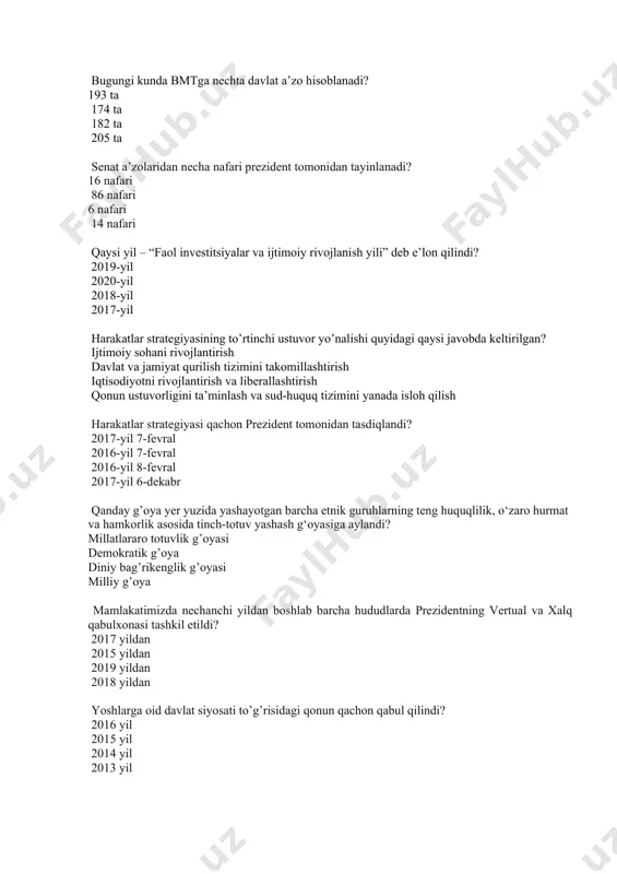 ategiyasining to’rtinchi ustuvor yo’nalishi quyidagi qaysi javobda keltirilgan? ijtimoiy sohani rivojlantirish davlat va jamiyat qurilish tizimini takomillashtirish iqtisodiyotni rivojlantirish va liberallashtirish qonun ustuvorligini ta’minlash va sud-huquq tizimini yanada isloh qilish harakatlar strategiyasi qachon prezident tomonidan tasdiqlandi? 2017-yil 7-fevral 2016-yil 7-fevral 2016-yil 8-fevral 2017-yil 6-dekabr qanday g’oya yer yuzida yashayotgan barcha etnik guruhlarning teng huquqlilik, o‘zaro hurmat va hamkorlik asosida tinch-totuv yashash g‘oyasiga aylandi? millatlararo totuvlik g’oyasi demokratik g’oya diniy bag’rikenglik g’oyasi milliy g’oya mamlakatimizda nechanchi yildan boshlab barcha hududlarda prezidentning vertual va xalq qabulxonasi tashkil etildi? 2017 yildan 2015 yildan 2019 yildan 2018 yildan yoshlarga oid davlat siyosati to’g’risidagi qonun qachon qabul qilindi? 2016 yil 2015 yil 2014 yil 2013 yil o`zbekiston respublikasi prezidenti tomonidan 2018 yil 27 iyunda imzolagan muhim hujjat qanday nomlanadi? “ yoshlar kelajagimiz” ” soliq to`g`risida” ” ta`lim to`g`risida” “mehnat kodeksi” bmt bosh assambleyasining 72 sessiyasida “ma’rifat va diniy bag`rikenglik” deb nomlangan maxsus rezolyusiyani qabul qilish …