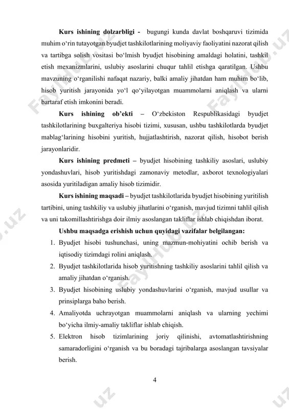 i doirasida tushumlar va xarajatlarni to‘g‘ri aks ettirish, moliyaviy resurslar harakati ustidan nazoratni amalga oshirish, ularning to‘g‘ri taqsimlanishini ta’minlashda hal qiluvchi rol o‘ynaydi. byudjet hisobi – bu davlatga tegishli mablag‘lar harakati va ularning maqsadli sarflanishi haqidagi moliyaviy axborotni tizimli tarzda yig‘ish, qayd etish, tahlil qilish va hisobot berish tizimidir. byudjet hisobi orqali davlat tashkilotlarining moliyaviy faoliyati monitoring qilinadi, xarajatlar ustidan nazorat amalga oshiriladi, rejalashtirish va prognozlash imkoniyatlari shakllantiriladi. mazkur hisob tizimi davlat va jamiyat ehtiyojlarini moliyaviy jihatdan ta’minlashda asosiy rolni bajaradi. shuning uchun byudjet hisobining mazmuni faqat raqamlarni qayd etish bilan emas, balki iqtisodiy samaradorlikni ta’minlash, hisobdorlikni oshirish va moliyaviy intizomni kuchaytirish bilan ham bog‘liqdir[footnoteref:1]. [1: abduraxmonov q. x., sharifxo‘jayev sh.sh. davlat moliyasi: darslik. – toshkent: “iqtisodiyot”, 2019. – 432 b.] byudjet hisobining mohiyati uning asosiy funksiyalarida yaqqol namoyon bo‘ladi. birinchidan, bu tizim davlat moliyaviy operatsiyalarini rasmiy hujjatlar orqali qayd etadi va ular ustidan nazoratni tashkil qiladi. ikkinchidan, hisob orqali …