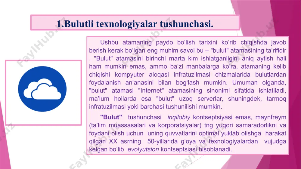 turiy ta’minotda sozlaydigan qoidalar. tariflash tizimi va hisob-kitob qilish (billing) tizimi foydalanuvchi tomonidan iste’mol qilingan resurslar miqdorini va foydalanuvchi bilan tegishli moliyaviy xarajatlarning o‘zaro bog‘liqligini aniqlaydigan mexanizmdir. bulutli xizmatlarning afzalliklari ma’lumotni saqlash uchun siz qimmatbaho kompyuter va ehtoyot qismlarni sotib olishingiz shart emas, chunki hamma narsa "bulutda" saqlanadi. kompyuterning ishlashi yaxshilanadi, chunki ofis ishlarida va boshqa sohalarda bulutli texnologiyalar masofadan turib dasturlarni boshqaradi, shuning uchun kompyuterda juda ko‘p bo‘sh joy qoladi. har yili texnik xizmat ko‘rsatish bilan bog‘liq muammolar kamayadi, chunki jismoniy serverlar soni doimiy ravishda kamayib boradi va dasturiy ta’minot doimo yangilanib turadi. dastur sotib olish narxi kamayadi, chunki dasturni faqat "bulut" uchun bir marta sotib olish kerak va bu hammasi, va ba’zida siz uni ijaraga berishni ham buyurtma qilishingiz mumkin. bulutli texnologiyalar saqlanadigan ma’lumotlar miqdorida cheklovlarga ega emas. aksariyat hollarda bunday xizmatlar hajmi millionlab gigabaytni tashkil qiladi. dasturlar avtomatik ravishda yangilanadi, shuning uchun yuklab olingan dasturlarda bo‘lgani kabi, …