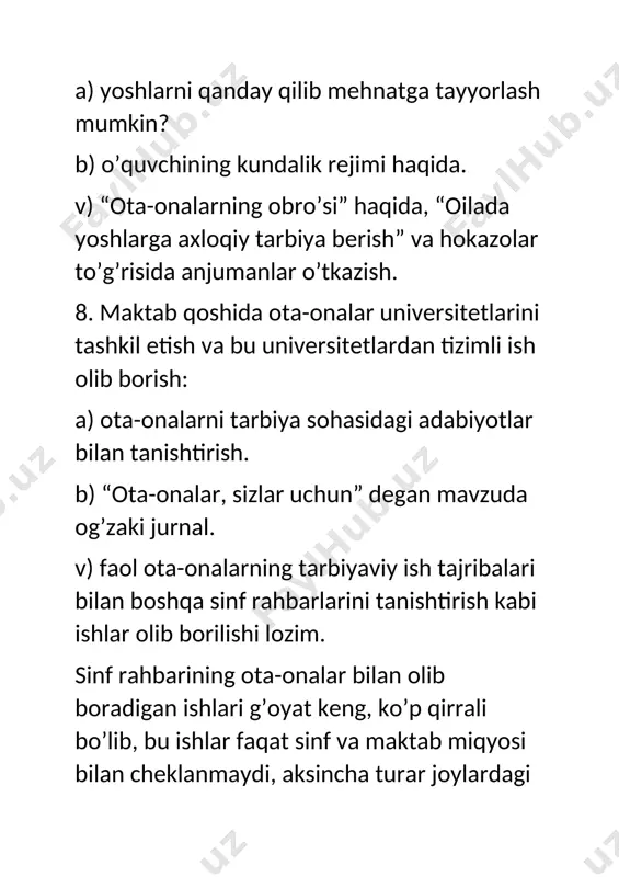 katni ham sezadigan va tushunadigan, unga ta’sir etishni biladigan onadan va otadan yaxshiroq kim ham ularni ezgulikka, mehnatsevarlikka, do’stlikka, muhabbatga o’rgata oladi! ma’lumki, xilma- xil faoliyat sharoitida shaxsning qobiliyatlari eng samarali rivojlanadi, uning ijodiy imkoniyatlari ochiladi, shaxsni oiladan boshqa qaerda ham faoliyatning xilma- xil turlariga jalb etish mumkin. oilaviy tarbiyaning qimmatliligi va ahamiyati yana shundaki, kichik shaxslik paytida oilada egallangan narsalar bir umr saklanib qoladi. xuddi shuning uchun otaonalarning shaxslarni har tomonlama tarbiyalash majburiyati qonuniy tarzda belgilab qo’yilgan sinf rahbarlari ota-onalar bilan birgalikda tarbiyaviy ishni tashkil etar ekanlar, eng yangi psixologik-pedagogik tadqiqotlar ma’lumotlarini e’tiborga olishlari ham muhimdir, ularga ;muvofiq o’sib kelayotgan kishi shaxsini shakllantirishga oilaning qo’shadigan hissasi turli yosh bosqichlarida turlicha bo’ladi va to’lqinsimon o’zgaradi. dastlabki 3 yil ichida u ayniqsa kuchli bo’ladi, shundan keyin oilaviy ta’sirning muayyan darajada barqarorlashuvi davri boshlanadi. uning navbatdagi odatda maktabgacha yosh tugaydigan paytga to’g’ri keladi, shundan keyin taxminan o’smirlik davrigacha u zaiflashgandek bo’ladi. yana …