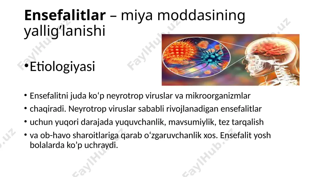 demiyasi 1915-yili varden qal’asini himoya qilayotgan fransuz askarlari orasida tarqalgan. jang maydonidagi askarlar xandaqlarda uxlab qolishavergan. etiologiyasi. kasallikni chaqiruvchi virus aniqlanmay qolgan. kasallanish, asosan, kech kuz va qish oylariga to‘g‘ri keladi. kasallik havo200 tomchi yo‘li orqali yuqadi. kasallikning yashirin davri 14 kungacha. klinika kasallik o‘tkir boshlanadi. tana harorati 39–40°c ga ko‘tariladi. yuqori nafas yo‘llarida o‘tkir respirator infeksiyaga xos simptomlar, ya’ni bosh og‘riq, holsizlik, uyquchanlik, ko‘ngil aynish va qusish paydo bo‘ladi. mushaklar tortishib, og‘riy boshlaydi. tana harorati 2 hafta mobaynida yuqori darajada saqlanib turadi kasallikning o‘tkir davri uchun xos bo‘lgan yana bir simptom – bu diplopiya. diplopiya ko‘zni harakatlantiruvchi nerv yadrolari zararlanishi natijasida paydo bo‘ladi. diplopiya bilan birgalikda, ikkala ko‘zda ham yarim ptoz holati, ko‘z harakatlarining chegaralanishi, konvergensiya va akkomadatsiyaning buzilishi kuzatiladi. qorachiqlarning akkomadatsiya va konvergensiya reaksiyasining yo‘qolib, yorug‘likka esa saqlanib qolishi epidemik ensefalit uchun juda xosdir. bu simptomlar majmuasi arjil-robertson teskari simptomi deb ataladi. ekonomo ensefaliti uchun letargiya naqadar xos …