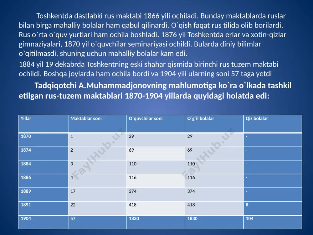 o`ja behbudiy (1874-1919) samarqandning baxshitepa qishlog`ida ruhoniy oilasida tug`iladi. u adabiyot, tarix, geografiya, islom tarixi, siyosatshunoslik bilan shug`ullanadi. 27 yoshida makkaga borib, hoji va mufti unvonlari bilan qaytadi. behbudiy 1899 yildan sayohatlarga chiqadi. misr, istanbul, qrim, qozon, kavkazning ko`plab shaharlarida bo`ladi. u o`lkada usuli jadid maktablarining eng birinchi nazariyotchisi va amaliyotchilaridan, jadidchilikni boshlaganlardandir. munavvar qori abdurashidxonov (1872-1931) toshkent shahrida ziyoli oilasida tug`iladi. onasi otinoyi bo`ladi. 1901 yili birinchi jadid maktabini ochadi. yangi maktablar uchun tovush usulida «adibi avval» (1907), «adibi soniy» darsliklarini yozadi. 1906 yili ismoil obid muharrirligida «taraqqiy» gazetasini tashkil qiladi. darsliklari qayta-qayta nashr qilinadi. munavvar qori «o`rta maxsus va oliy ta’lim» asoschisi sifatida 1916 yil 9 aprelida o`z uyida to`plangan jadidlar bilan birga turkiston xalq dorilfununining musulmon bo`limini tashkil etish yuzasidan komissiya tuzadi. o`zi raislik qiladi. 3 bosqichdan iborat dastur tuziladi. 1918 yil 13 may, yakshanba kuni dorilfunun (hozirgi yosh tomoshabinlar teatri binosida) ochiladi. munavvar qori rais (rektor), …