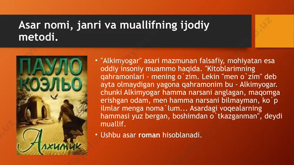 shganda o‘ylanib qoladi, men bunga mos emasman deydi. mehnatining samarasidan voz kechadi. barcha ko‘rgan qiyinchiliklarini unutadi. men bu bosqichni g‘alabaning kushandasi, deb atagan bo‘lar edim. xulosa qilib aytsak, asar mazmunga boy. yechim tugunga yechim sifatida romanda keltirib o’tilgan quyidagi falsafiy mushohadani keltirish mumkin: bu kurrai zaminda oliy bir haqiqat mavjud: sen kim bo’lishingdan va nima bilan shug’ullanishingdan qat’iy nazar, biror narsani chin dildan istasang, o’shanga albatta erishasan, chunki bunday istak olamning ruhida dunyoga kelgan bo’ladi. sen yer yuzida xuddi ana shuning uchun yaratilgansan! asarda mavjud folklor namunalari roman voqealari asosan arab diyorida ro’y berganligi bois arab maqollaridan namuna keltirib o’tilgan: “bir bo‘lgan hodisa, boshqa takrorlanmasligi mumkin. biroq ikki bor ro‘y bergan hodisa, albatta, uchinchi marta ham ro‘y beradi”. asarda mavjud folklor namunalari alkimyogar kitobni qo‘liga oldi, uni sayyohlardan kimdir olib kelgan edi. kitob muqovasiz edi, biroq u muallifning ism-sharifini topdi — oskar uayld — va uni varaqlab, tuyqusdan nigohi nargis …