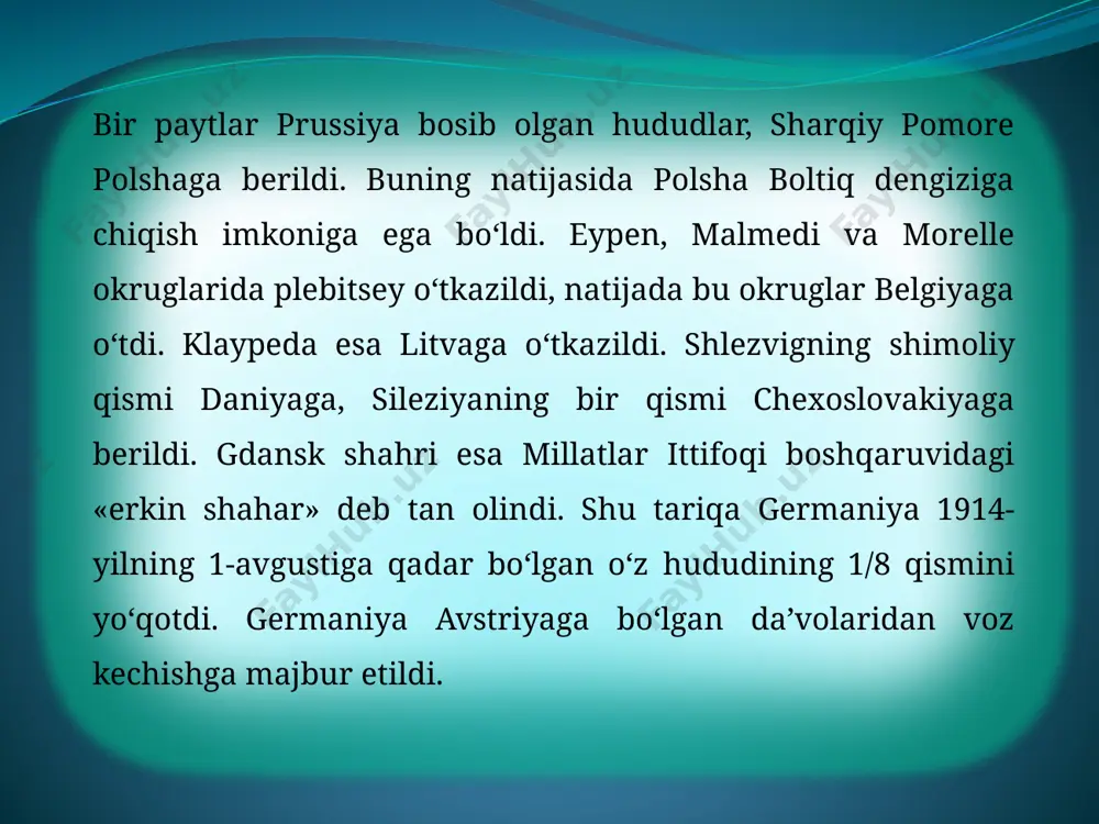 ini bajarishdan bosh torta boshlasa, bu qarorni qayta ko‘rib chiqish huquqiga ega edilar. qora dengiz bo‘g‘ozlarining barcha davlatlar savdo va harbiy kemalari uchun ochiq ekanligi belgilab qo‘yildi. turkiyani bo‘g‘ozlardan o‘z harbiy kuchlarini olib chiqib ketishga majbur etishdi. aslida bu shartlar bo‘g‘ozlar ustidan buyuk britaniya, fransiya va italiya nazorati o‘rnatilishiga imkon berdi. turkiya o‘z flotini antanta ixtiyoriga topshirishi zarur edi. bu ham yetmaganidek, sevr shartnomasi g‘olib davlatlarga turkiyaning moliyasi va butun iqtisodiyoti ustidan nazorat o‘rnatish huquqini berdi. turkiya armiyasining soni 50 ming kishidan oshmasligi belgilandi. sevr shartnomasi turkiyaga antanta davlatlarining yarim mustamlaka tartibini o‘rnatdi. birinchi jahon urushi tugagandan keyin yevropada xalqaro kuchlarning yangi nisbati belgilangan versal tizimi shu tariqa shakllandi. bu tizim yevropa siyosiy xaritasini qayta qurish va dunyoni qayta bo‘lib olishni huquqiy jihatdan rasmiylashtirishning o‘ziga xos shakli edi. e’tiboringiz uchun rahmat image2.jpeg image3.jpeg image4.jpeg image5.jpeg /docprops/thumbnail.jpeg