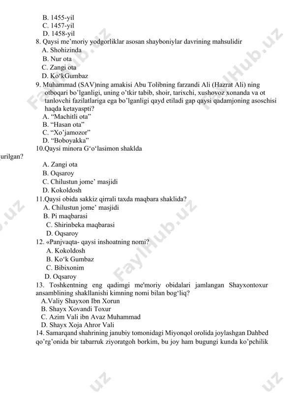 ning shakllanishi kimning nomi bilan bog‘liq? a.valiy shayxon ibn xorun b. shayx xovandi toxur c. azim vali ibn avaz muhammad d. shayx xoja ahror vali 14. samarqand shahrining janubiy tomonidagi miyonqol orolida joylashgan dahbed qo’rg’onida bir tabarruk ziyoratgoh borkim, bu joy ham bugungi kunda ko’pchilik sayyohlar uchun serqatnov manzilga aylangandir. bu yerda, qaysi tariqatini rivojlantirishda va takomillashtirishgan? a. naqshbandiya b. xorazmiy c. yassaviy d. motrudiy 15.qaysi maqbara tashqari degan ma'noni anglatib u shahar inchgi mudofaa devorining ortida joylashgan edi? a. xo'ja abdu darun b. xo'ja abdu berun c. go'ri amir d. hofiz abro' 16. jome masjidi registon maydonining shaklanishi nechanchi asrga to’g’ri keladi? a. xvi asr ga b. xv asr o`rtalariga c. xv-asrga d. xv-asr ortalari 17. qaysi masjid pegatoki an’anaviy, sharqona «p» xarfi shaklida? a.hasan ota b. chilustun c.qirqchilton d.qum ota 18.qaysi qal‘adan osuariylar (odam haykalchalari)topilgan? a. tuproq qal‘a b. ichan qal‘a c. qoyqirilgan-qal’a d. dishan qal‘a 19. 1904-1908 …