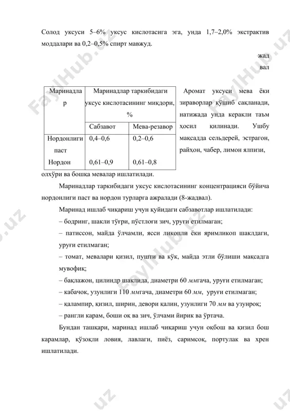 нг тарқалган сабзавот маринадларидан ҳисобланади. ушбу консервалар механизациялашган линияларда ишлаб чиқарилади. уларни ишлаб чиқариш учун уруғи етилмаган барра бодринг ишлатилади. бодринг эрта тонгда, эти таранг ва таъми яхши бўлган вақтда йиғилиши керак. бодринг таркибида тахминан 4% қуруқ модда, жумладан, 1–1,5% қандлар мавжуд. нежинский 12, гривский, росинка, бирючекутский 193, должик, дружба 60, котайский, донской 175 навдаги майда бодринглардан тайёрланган консерваларнинг сифати юқори баҳоланади. бодрингнинг шакли тўғри, ранги яшил бўлиши керак. сўлиган (бужмайган), шакли ёмон (буралган, қармоққа ўхшаб қолган, учи ёки кети шишган), ўсиб кетган (сарғайган, етилган уруғли, ичида бўшлиқ ҳосил бўлган), механик зарар етказилган, жуда кирланган, касалликлар ва қишлоқ хўжалик зараркунандалари зарар етказган бодринглардан консерва ишлаб чиқарилмайди. бутун консерваланадиган бодрингнинг узунлиги экстра нав учун –70, олий нав учун – 90, i нав учун – 110ммдан ошмаслиги керак. уруғи сувли етилмаган, узунлиги 140 ва диаметри 50 ммгача бўлган йирик бодрингдан ҳам i нав консервалар ишлаб чиқарилади, аммо бундай маҳсулотнинг сифати пастроқ юради. …