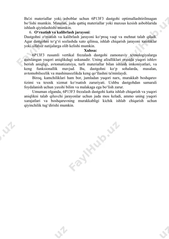 c tizimi yordamida avtomatik boshqarish va g-kodlarni ishlab chiqish jarayoni ishlov berishning yuqori darajada avtomatlashtirilganligini ta'minlaydi. bu, o‘z navbatida, ishchi kuchini kamaytiradi va ishlab chiqarishni tezlashtiradi. 4. ko‘p funksionallik: 6p13f3 dastgohi nafaqat frezalash, balki qirqish, silliqlash va boshqa turli operatsiyalarni bajarishda ham samarali ishlaydi. bu, o‘z navbatida, uning ko‘p qirrali ishlatilishini ta'minlaydi. 5. katta ishlab chiqarish hajmi: keng ishlov berish maydoni va yuqori yuk ko‘tarish imkoniyati 6p13f3 dastgohini katta hajmdagi detallarga ishlov berish uchun samarali qiladi. 6. tez sozlash va boshqarish: cnc tizimida oson sozlash va dastur orqali boshqarish imkoniyati, jarayonni tezda o‘zgartirish va yangilash imkonini beradi. kamchiliklari: 1. boshqaruv tizimi murakkabligi: 6p13f3 dastgohi cnc tizimiga ega bo‘lib, bu o‘z navbatida murakkab dasturiy ta'minot va boshqaruv tizimini talab qiladi. boshqaruv tizimini o‘rganish va sozlash, yangi foydalanuvchilar uchun qiyin bo‘lishi mumkin. 2. yuqori energiya sarfi: katta kuchlanish va yuqori quvvat bilan ishlaydigan dastgohlar energiya sarfini oshirishi mumkin, bu esa umumiy ishlab …