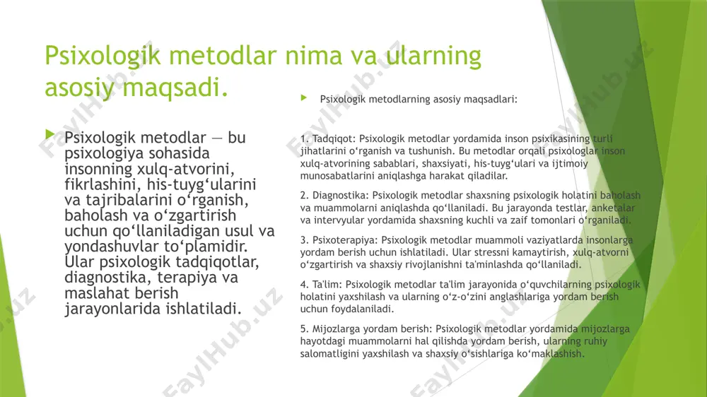 son uchun farq qiladi. guruh terapiyasi: qo‘llanish: bir necha insonning birgalikda muammolarini muhokama qilish va bir-biridan yordam olish imkoniyatini yaratadi. samaradorlik: ijtimoiy qo'llab-quvvatlashni kuchaytiradi va bir-biridan o'rganish imkoniyatini beradi, ammo ba'zi insonlar uchun noqulay bo'lishi mumkin. psixologik metodlarning kasbiy faoliyatdagi ahamiyat haqida 1. inson xulq-atvorini tushunish psixologik metodlar yordamida kasb egalari insonlarning fikrlash, his-tuyg‘ular va xulq-atvorini chuqurroq tushunish imkoniyatiga ega bo‘ladilar. bu, masalan, menejerlar, pedagoglar yoki psixologlar uchun muhimdir, chunki ular o‘z ishlarida odamlarni samarali boshqarish va ularga yordam berish uchun bu bilimlardan foydalanadilar. 2. muammolarni tahlil qilish psixologik metodlar muammolarni aniqlash va ularni tahlil qilishda yordam beradi. masalan, psixologik testlar va intervyular yordamida mijozning muammolari aniqlanadi va ularni hal qilish uchun strategiyalar ishlab chiqiladi. 3. samarali muloqot kasbiy faoliyatda psixologik metodlar muloqotni yaxshilashga yordam beradi. psixologiya asoslarini bilish orqali kasb egalari mijozlar, hamkasblar yoki talabalar bilan samarali muloqot o‘rnatishlari mumkin. bu, o‘z navbatida, ishonchni oshiradi va hamkorlikni mustahkamlaydi. 4. …