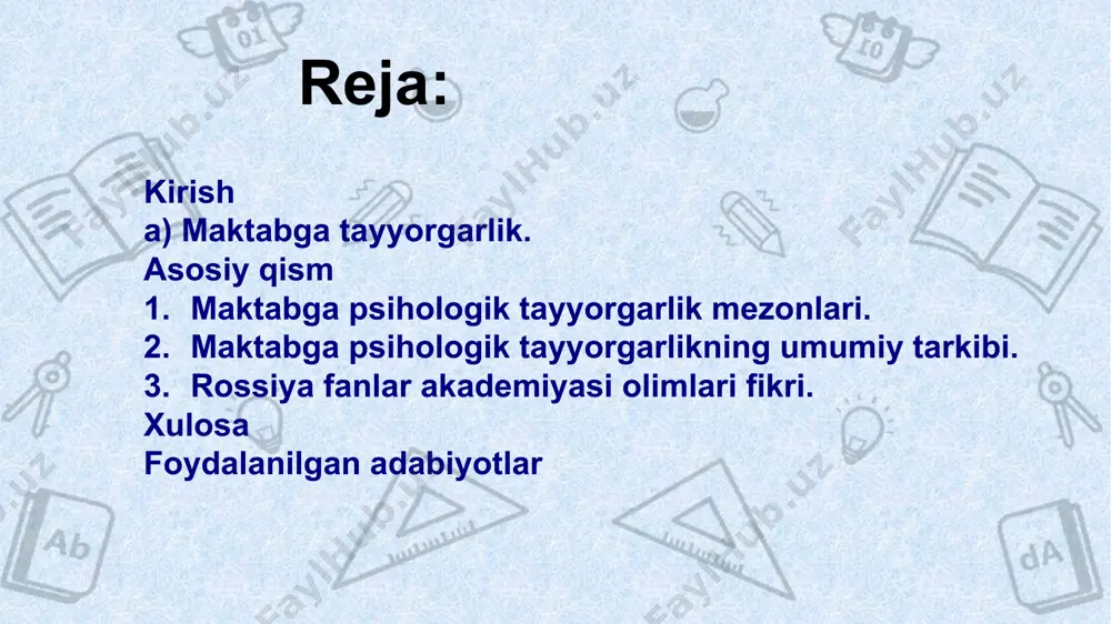 kuchli irodasi; kommunikativ. 5 birinchidan, bolaning ta'lim olish istagi va o'quvchi bo'lish orzusi, ya'ni yangi ijtimoiy mavqega ega bo'lishi uchun maktabga borish uchun bunday sabablar bo'lishi kerak. maktabga bo'lgan munosabat ijobiy bo'lishi kerak, lekin aniq. 6 ikkinchidan, bola yetarli fikrlash, xotirani va boshqa bilim jarayonlarini rivojlangan bo'lishi kerak. ota-ona, maktabga kerakli bilim va ko'nikmalarni berish uchun bolaga murojaat qilishlari kerak (hech bo'lmaganda 10 songacha, o'qituvchi tomonidan o'qish). enter title 7 uchinchidan, bola maktabda qo'yilgan maqsadlarga erishish uchun o'z xulq-atvorini ixtiyoriy ravishda nazorat qilishi kerak. axir, maktabda u o'qituvchini sinchkovlik bilan tinglashi, uy vazifasini bajarishi, qoidaga va namunaga ko'ra ishlashi va intizomga rioya qilishlari kerak. 8 to'rtinchidan, bola bir yillik o'quvchilar bilan aloqalarni o'rnatishi, guruh topshiriqlari bilan birgalikda ishlashi, o'qituvchining obro'sini tan olishlari kerak. 9 maktabga psixologik tayyorgarlikning umumiy tarkibi. maktabga psixologik tayyorgarlikning umumiy tarkibi. bolaning maktabiga psixologik tayyorgarligini vaqtida belgilash - bu maktabgacha yoshdagi bolaning ota-onasining vazifasi. agar birinchi sinfga …
