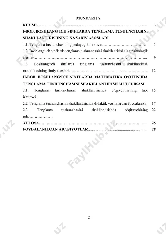 iqsa mantiqiy va matematik tafakkurini rivojlantirishni ta’kidlaydi. boshlang‘ich sinflarda matematika fanining asosiy tushunchalaridan biri — tenglama — o‘quvchilarning amaliy va nazariy bilimlarini mustahkamlashda muhim o‘rin tutadi. tenglama tushunchasini to‘g‘ri shakllantirish, o‘quvchilarda muammolarni hal qilish ko‘nikmalarini rivojlantirish hamda ularga mantiqiy fikrlashni o‘rgatish kelajakda muvaffaqiyatli ta’lim olishning poydevori hisoblanadi. shunday ekan, tenglama tushunchasini o‘rganish jarayonida samarali metodik yondashuvlarni ishlab chiqish va qo‘llash hozirgi ta’lim tizimining dolzarb masalalaridan biridir. prezident qarorlari va davlat dasturlarida ta’lim sifatini oshirish, pedagoglarning malakasini yuksaltirish va o‘quv jarayonini raqamlashtirish kabi chora-tadbirlar belgilangan. bu esa boshlang‘ich sinflarda tenglama tushunchasini o‘qitishda yangicha pedagogik texnologiyalarni qo‘llash, o‘quvchilarning faol ishtirokini ta’minlash va matematik bilimlarni amaliy ko‘nikmalarga aylantirish imkonini beradi. shu sababli, ushbu kurs ishida boshlang‘ich sinflarda tenglama tushunchasini shakllantirish metodikasining ahamiyati, samarali usullari va pedagogik yondashuvlari batafsil tahlil qilinadi. kurs ishining maqsadi. boshlang‘ich sinflarda matematika fanida tenglama tushunchasini samarali shakllantirish metodikasini o‘rganish, uning ta’lim jarayonidagi ahamiyatini aniqlash hamda amaliyotda qo‘llash uchun samarali …
