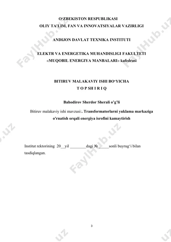 tarmoqlarini modernizatsiya qilish va aqlli transformatorlar va tizimlardan foydalanish orqali yo‘qotishlarni kamaytirish muhim strategik maqsadlar sifatida ko‘rilmoqda. o‘zbekiston respublikasida yo‘qotishlarni kamaytirish, energiya samaradorligini oshirish va energiya resurslaridan oqilona foydalanish davlat siyosatining ustuvor yo‘nalishi bo‘lib qolmoqda. so‘nggi paytlarda, xususan, transformator stansiyalarini optimallashtirish, energetika tizimini modernizatsiya qilish, energetika infratuzilmasini qurish, eskirgan tarmoqlarni yangilash bo‘yicha keng ko‘lamli ishlar amalga oshirildi” [1] . “shu nuqtai nazardan, prezidentimiz shavkat miromonovich mirziyoyev: “iqtisodiyot energiya bilan ta’minlanadi”, deb ta’kidlagan edi. energiya samaradorligini oshirish orqali biz iqtisodiyotimizni yanada raqobatbardosh qilishimiz kerak. davlatimiz rahbarining bu boradagi qat’iy pozitsiyasi ana shu so‘zlarda o‘z ifodasini topgan [2]. prezidentimiz tomonidan 2022-yil 28-iyulda qabul qilingan “elektr energetikasida energiya samaradorligini oshirish chora-tadbirlari to‘g‘risida”gi pq-347-sonli qarorida elektr tarmoqlarida yo‘qotishlarni minimallashtirish, transformator stansiyalarini almashtirish va strategik joylashtirish, energiya ta’minoti xavfsizligi va samaradorligini oshirish chora-tadbirlari belgilab berilgan. bundan tashqari, transformatorlarni yuklash markazlariga yaqinlashtirish orqali tarmoq yoʻqotishlarini kamaytirish oʻzbekiston respublikasi vazirlar mahkamasi tomonidan tasdiqlangan “2022–2026-yillarda energiya samaradorligini oshirish …