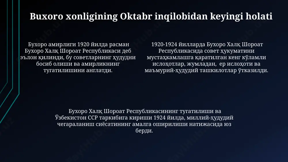 kil etgan. buxoroda milliy ozodlik harakati жўрахон олийгоҳининг маълумотларига кўра, бухоро амирлигидаги миллий-озодлик ҳаракатида 100 000 дан ортиқ киши иштирок этган ва 5000 дан ортиқ одам ҳалок бўлган. 1917-1924 йилларда бухоро амирилик ҳукуматига қарши кўтарилган миллий озодлик ҳаракатида 20 дан ортиқ йирик қўзғолонлар ва исёнлар кузатилган бўлиб, уларнинг аксарияти диний-миллий ғоялар асосида юз берган. басмачилик ҳаракати бухоро миллий-озодлик ҳаракатининг муҳим қисми бўлиб, у 1918 йилдан 1926 йилгача давом этиб, россия империясининг бухорога таъсирига қарши курашган. buxoro xalq sovet respublikasining ijtimoiy hayot бхсрда 1921 йилги қурғоқчилик туфайли аҳолининг 30% дан ортиғи очликдан азият чекди, бу эса ижтимоий тартибсизликлар ва норозиликларни кучайтирди. бухоро халқ совет республикасида 1920 йилда аёлларнинг 15% саводли бўлиб, мактабларга қизларнинг киришига чекловлар бўлсада, янги мактаблар очилиши кузатилди. бухоро халқ совет республикасида 1924 йилга келиб, янги иқтисодий сиёсат доирасида хусусий мулкка рухсат берилиши билан кичик ва ўрта тадбиркорлик ривожлана бошлади. buxoro xalq sovet respublikasining tugatilishi 1924-yil 17-oktabrda buxoro xalq …