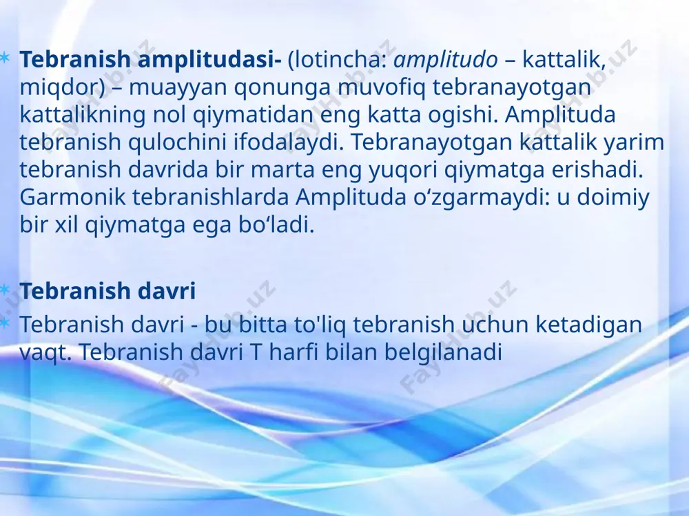 n og’iz qurishi, yo’tal, bo’g’ilish (β>150 gb) alomatlari paydo bo’lishi mumkin. ayniqsa, uzoq qaytarilib turadigan it zararlidir. tovush generatsiyasini organizmda tovush apparati hosil qiladi. u tanglay, til, lab, ovoz boylamidan iborat. tovush hosil qilishda o’pka, bronxlar, traxeyalar, og’iz bo’shlig’i, burun, tomoq bo’shlig’i ham qatnashadi. burun va o’g’iz bo’shlig’i rezonator hisoblanib, tovush formasini til, lab, tishlar yordamida kuchaytirish yoki kuchsizlantirish mumkin. ovoz boylamlarining eng zo’r tebranishlari unli tovushlar chiqarilishida ro’y beradi ovoz boylamlarining eng zo’r tebranishlari unli tovushlar chiqarilishida ro’y beradi. undosh tovushlar hosil bo’lganda yumshoq tanglayning, til uchining va lablarning har xil qismlari mustaqil tebranadi. doppler effekti va uni tibbiyotda qo’llanilishi to’lqin manbai ,bilan kuzatuvchining bir-biriga nisbatan harakatlanishi natijasida kuzatuvchi qabul qilayotgan to’lqin chastotalarining o’zgarishiga doppler effekti deyiladi v *=(v±vk)v/v±vu, bunda v * - qabul qilinuvchi chastota, v – manba chastotasi, v-to’lqin tezligi, vk – kuzatuvchining harakat tezligi , vm-manbaning harakat tezligi yuqoridagi ishoralar kuzatuvchi va manbaning yaqinlashishi uchun, pastki …