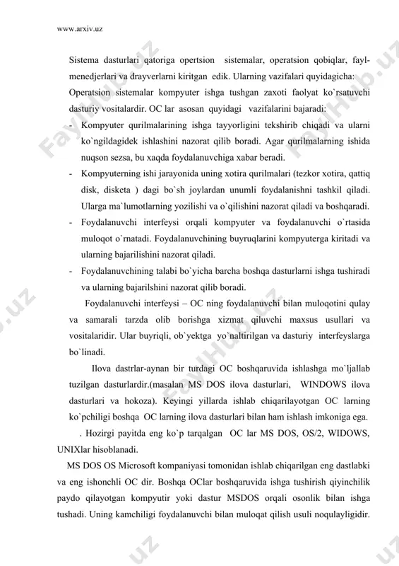 ushadi. uning kamchiligi foydalanuvchi bilan muloqat qilish usuli noqulayligidir. bu kamchilik fayil-menijerlari (“qobiq” dasturlari) yordamida bartaraf qilinadi. ularga nc va volcov commonder kabi vositalar misol bo`la oladi. dastlabki msdos oci 1981yilda yaratilgan bo`lib ibm xt va ibm at kompyutirlariga mo`ljallangan bo`lib u msdos 1.0 versiyasi edi. zamonaviy pentium kompyutiorlariga mo`ljallanga versiyasi ms dos6.20esa 19__ yilda ishlab chiqarildi. oc ichida 1987 yilda ibm kompaniyasi tomonidan ps 2 kompyutlari maxsus ishcilar bo`lib ko`p dasturlar bilan bir vaqt ichida ishonchli ishlashi mumkin windows xp- windows oclarining eng yahshi hususiyatlarini o`zida jamlagan tizimdir. grafik va multivideo malumotlari bilan ishlash suratini oshiruvchi eng zamonaviy vositalarga ega 2002 yilda ishlab chiqarilgan. unix ko`p vazifali va bir vaqtning o`zida ko`plab fayllardan fayllarga xizmat ko`rsata oladigan tizimdir qulaylik tamoni shundaki bu tizimda shaxsiy kampyuter tipi super kampyuterlargacha foydalanish mumkin. malumotlar bazasi bilan ishlash lokal tarmoqlardan tortib to glabal tarmoqlargacha oddiy modem yordamida ulana olish imkonini baradi. ko`plab ilova …