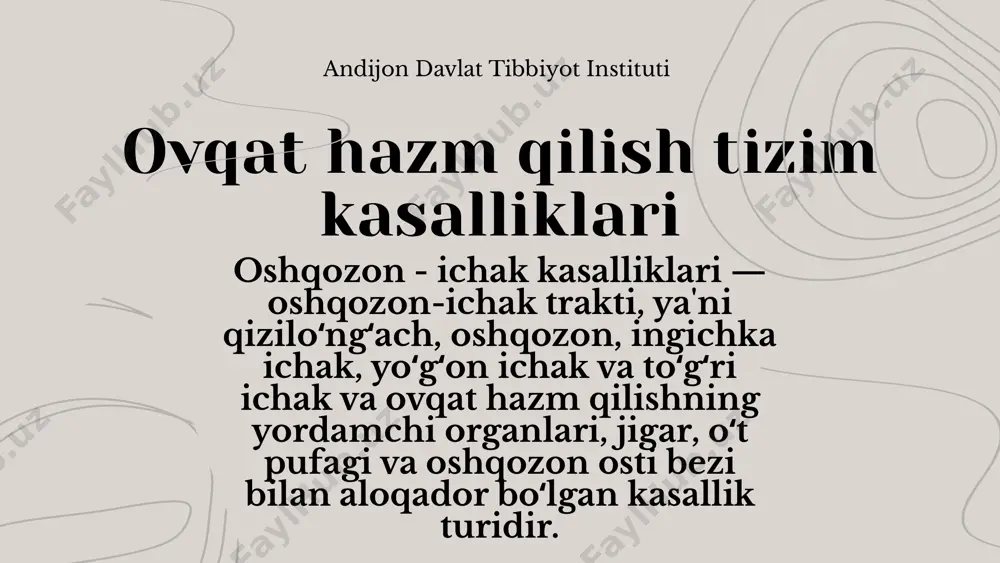 bir muhim xavf omili surunkali kislotali reflyuks bo'lib, u gastroezofagial reflyuks buzilishi (gerd) va oxir-oqibat barrett qizilo'ngachiga o'tishi mumkin. qizilo'ngach saratoni xavfi ortiqcha vazn va sabzavot va mevalarning etishmasligi bilan bog'liq. alomatlar: ko'krak qafasidagi og'riq yoki bosim, odatda orqada yoki ko'krak suyagi ostida seziladi, ovqatlanish bilan bog'liq qiyinchiliklar va yutish qiyinligi (disfagiya), ayniqsa qattiq ovqat iste'mol qilganda, bularning barchasi qizilo'ngach saratonining klassik belgilaridir. andijon davlat tibbiyot instituti oʻtkir va surunkali gastritlar gastrit oshqozon shilliq qavatidagi paydo boʻladigan yalligʻlanish yoki distrofik oʻzgarishlar. kasallik ushbu aʼzo vazifalarining buzilishiga olib keladi, shuningdek epiteliya hujayralarining atrofiyasi rivojlanib ularni oʻrniga biriktiruvchi toq’imalar rivojlanadi. kasallikning rivojlanishi oshqozonning asosiy funksiyalariga salbiy taʼsir koʻrsatadi. birinchi navbatda sekretor funksiyasining buzilishiga olib keladi. statistiklarning fikriga koʻra butun dunyo aholisining yarmida gastrit kuzatiladi. 2013-yilda 90 millionga yaqin yangi holatlar qayd etilgan. kasallikga chalinish ehtimoli yosh oʻtgan sari yuqorilab boradi. gastrit ham boshqa kasalliklar kabi, oʻtkir va surunkali shakllari farq qiladi. andijon …