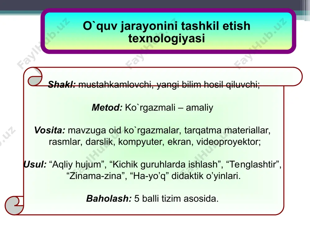 assasi 2 ga teng? 11.vodorod to’ldiria ko’tarilmaydi. 12. vodoroddan qattiq yog’lar olinadi. * mavzuni mustahkamlash uchun “ha-yo’q” o’yini 1. 1785 yilda jak sharl tomonida vodorod to’ldirilgan shar havoga uchirildi yo’q 2.vodorod koinotda eng ko’p tarqalgan? ha 3.kislorod va vodorod doim ii-valentli? yo’q 4.koinotda vodorod yulduzlar tarkibida uchraydi. ha 5.lavuaze vodorodga suv yaratuvchi degan nom berdi? ha 6. atomlarning muayyan turi kimyoviy elementdir. ha 7. metanning tarkibida vodorod bor. ha 8. vododrodning 3 ta izotopi bor ha 9. suvning tarkibida vodorod ko’p. yo’q 10.vodorodning nisbiy molekulyar massasi 2 ga teng? ha 11.vodorod to’ldiria ko’tarilmaydi. yo’q 12. vodoroddan qattiq yog’lar olinadi. ha * dars yakuni barcha shartlar tugagach, natijalar aniqlanib, g`olib guruhga “rag`bat”, mag`lub guruhga “jarima”kartochkalari beriladi va o`quvchilarni darsga ishtirok etganligiga qarab baholanadi uyga vazifa: darsligimizdagi 72 betdagi 1-2-3- savol va topshiriqlarga javoblar topib bajarib kelish.