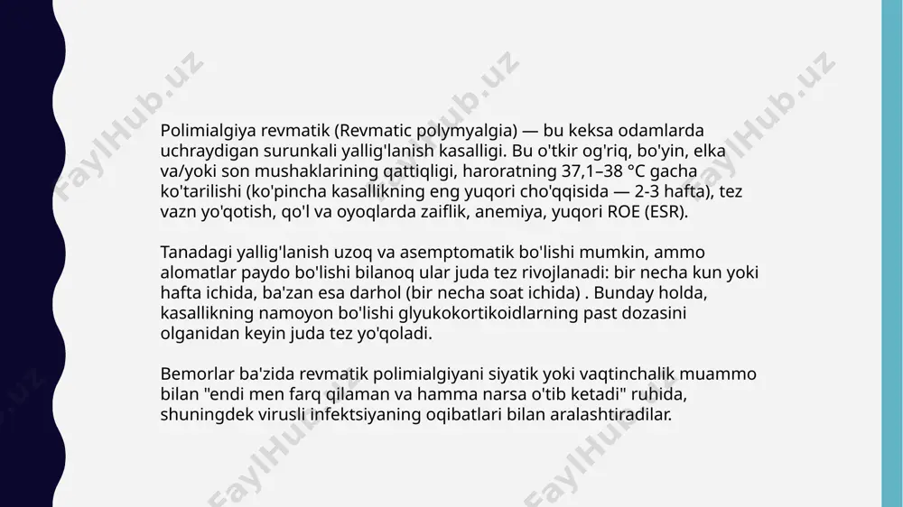 lari haqida maslahat faqat 50 yosh va undan katta bo'lgan odamlarga ta'sir qilishi kerak. ta'kidlanishicha, kasallikning ayrim holatlari "gripp" dan keyin boshlangan. ehtimol, virus tananing himoya mexanizmlarining ishlash yo'lidagi o'zgarishlarni keltirib chiqaradi. ushbu kasallikka irsiy moyillik isbotlangan. polimialgiya revmatik belgilari kasallik o&amp;amp;apos;tkir boshlanadi, virusli infektsiyaga o&amp;amp;apos;xshaydi, subfebril (37,1–38 °c), kamroq febril harorat (38-39 °c), bo&amp;amp;apos;yin muskullari, elkalar, sonlar, zaiflik, qo&amp;amp;apos;llarni ko&amp;amp;apos;tarish va oyoqqa turolmaslik bilan kechadi. bemorlar yaxshi uxlay olmaydilar, chunki bitta holatda uzoq vaqt turish og&amp;amp;apos;riq keltiradi. tananing holatini o&amp;amp;apos;zgartirishga urinayotganda bemorlar o&amp;amp;apos;zlarining his-tuyg&amp;amp;apos;ularini &amp;quot;elektr toki urishi&amp;quot;, &amp;quot;kechasi harakat qilishdan qo&amp;amp;apos;rqaman&amp;quot;deb ta&amp;amp;apos;riflaydilar. kasallik tungi uyqudan va uzoq vaqt dam olishdan keyin o&amp;amp;apos;zini namoyon qiladigan &amp;quot;jel&amp;quot; hodisasi bilan tavsiflanadi. revmatik polimialgiya bilan og&amp;amp;apos;rigan odam yotoqdan ko&amp;amp;apos;tarilganda eng aniq namoyon bo&amp;amp;apos;ladi: juda sekin, og&amp;amp;apos;riqdan ajinlar, yon tomonga o&amp;amp;apos;girilib, oyoqlarini oshqozonga tortadi va qo&amp;amp;apos;llariga suyanib, oyoqlarini yotoqdan tushiradi. u juda sekin o&amp;amp;apos;tiradi, qo&amp;amp;apos;llari bilan katta qiyinchilik bilan turadi. kasallikning bunday namoyon bo&amp;amp;apos;lishi …
