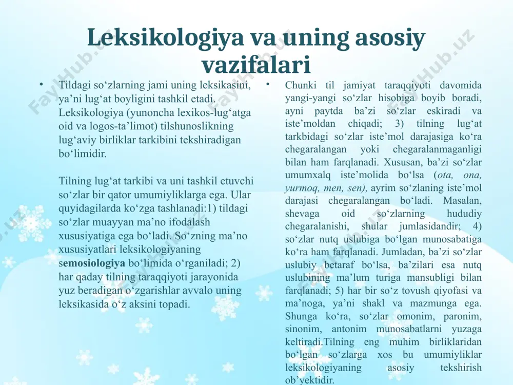 o’zi yuqoridagi ma’nodan tashqari predmetlik, bosh kelishik,birlik ma’nolariga ham ega. bu ma’nolar uning grammatik ma’nosi sanaladi. ko’rinadiki,nutq jarayonida har bir so’z leksik va grammatik ma’’nolar uyg’unligidan tashkil topadi . 3. so’z shakl va mazmun yaxlitligiga ega bo’lib,ma’no va grammatik jihatdan shakllangan til birligidir. 4.so’zning 2 tomoni bor: a)so’zning shakli ,ya’ni tashqi tomoni (moddiy tomoni) tovush (harflar)dan iborat bo’lib,bu xususiyatlar fonetikada o’rganiladi b)so’zning ichki tomoni (ma’no,mohiyat tomoni)esa unda ifodalanadigan ma’nolar bilan tavsiflanadi ya’ni so’z bo’lishi uchun tovush va harflar yig’indisi ma’lum ma’no ifodalashi kerak. 5.so’z ikki xil ma’no bildiradi . a)leksik ma’no ; b)grammatik ma’no 6.leksik ma’no (atash ma’nosi lug’aviy ma’no) leksikologiyada o’rganiladi. leksikologiyaga doir atama hisoblanadi a) so’zlarning borliqdagi qanday narsa –hodisalar belgi-xususiyatlar,harakat-holatlarni bildirishi ularning atash ma’nolari hisoblanadi. atash manosiga faqat 5ta so’z turkumi ega .olmoshlar bundan mustasno. ular belgi bildiruvchi so’zlarga ishora qiladi. 7.(grammatik ma’no) deganda esa so’zning qaysi turkumga mansubligi qaysi gap bo’lagi vazifasida kelishi ,shuningdek, tarkibidagi qo’shimchalar …