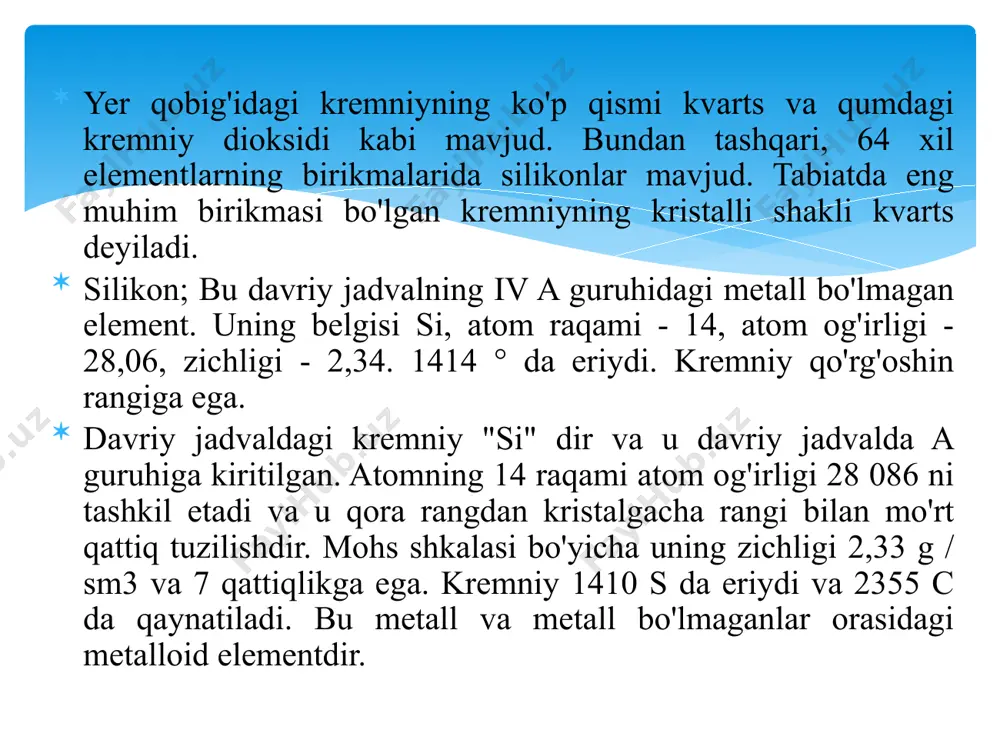 ana shuni alohida ta’kidlash kerakki, tuproqlarning ayrim qatlamlarida organik moddalar 95-99% gacha bo‘lishi mumkin. aynan shunday miqdorlarda kremniyli moddalar ham mavjud bo‘la oladi. kremniyning tuproqdagi sxematik harakat zanjiri kremniy va uning birikmalarining tuproqdagi rolini umumlashtiradigan bo‘lsak ular quyidagilarga to‘g‘ri keladi. 1. kremniyli birikmalar ko‘pchilik tuproq qatlamlari massasi asosini tashkil qiladi va muhim kimyoviy, fizikaviy rol o‘ynaydi. 2. kremniyning tuproqdagi miqdori unda kechadigan alohida jarayonlarning ko‘rsatkichi bo‘lib xizmat qiladi. sio2 : r2o3 va sio2 : al2o3 nisbatlari orqali esa nurash qobig‘i, tipi aniqlanadi. tuproqlardagi azot birikmalari tuproqlardagi azotning turg‘un va doimo uchraydigan birikmalari 3 yoki 5 valentli shakllarda nomoѐ bo‘ladi. ammiak nh3 tuproqlarda erkin xolda deyarli uchramaydi. u juda 03 mikdorda organik o‘g‘tilarning parchalanishida vijudga kelishi mumkin. tuproqlarda bu birikma nh3 xolda bo‘lib, uni ammiak azot emas, azotning ammoniyli shakli deyilishi to‘g‘ri bo‘ladi. azotning tuproqlardagi umumiy miadorda ulardagi organik moddaj^apning bog‘liq: eng ko‘p azot gumusga boy qora tuproqlarda, eng kam mikdori …