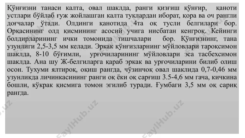 йларга тарқалади. дон пўстхўри личинкалик стадиясида қишлайди. қўнғизлар тухумини дон юзасига ғаллаларда эса дон эгатчасига қўяди. вояга етган қўнғизлар озиқланмайди ва донга зарар етказмайди. улар 10 кун яшайди. урғочилари ўрта ҳисоб билан 65 та тухум қўяди, ҳар бирини алоҳида-алоҳида жойлайди. кўп деганда 126 та тухум қўяди. етарли юқори ҳароратда тухумлар 6-7 кун ривожланади. личинкаларнинг бутун ривожланиши уч кунда туганланади, улар шу ерда ғумбакка айланади. личинкаларнинг ривожланиши бир ярим ойгача давом этади. қўнғизлар донни ташлаб кетиб, тез орада жуфтлашади ва тухум қўйишига киришилади. ҳашарот бир йилда тўртта насл берди. капр қўнғизи: 1- личинкаси, 2 - кўнғизи кенг хартумли омбор узунбуруни – caulophillus say. тур- кенг хартумли омбор узунбуруни – caulophillus say. оиласи – узунбурунлар – сurculionidae туркум – қаттиққанотлилар - coleoptera бельгия, германия, финляндия, марокаш, мексика, ақш, куба, пуэрто-рико, ямайка давлатларида тарқалган. мдҳ да рўйхатга олинмаган. буғдой, арпа донлари, нўхат, маккажўхори, ва бошқа кўплаб омбор маҳсулотларини зарарлайди. уруғларни уруғкуртагини ейди ва …