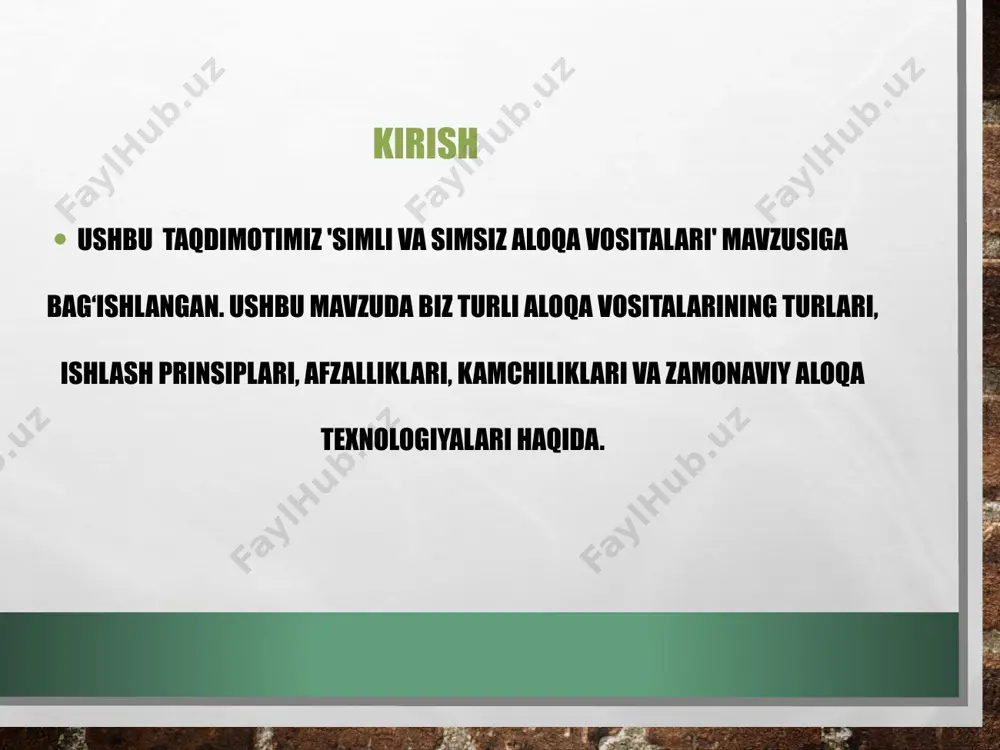jamoat joylari, mobil qurilmalarda keng qo‘llaniladi. qo‘llanilish sohalari telekommunikatsiya, internet, xavfsizlik tizimlari, avtomatlashtirilgan tizimlar, transport, tibbiyot, ta’lim – bu sohalarning barchasida simli va simsiz aloqa vositalari faol foydalaniladi. kelajak tendensiyalari aloqa vositalari yanada tez, arzon va ishonchli bo‘lib bormoqda. iot (internet of things), 6g, kvant aloqasi kabi texnologiyalar yaqin yillarda keng qo‘llaniladi. ularga mos qurilmalar ishlab chiqilmoqda. xulosa va tavsiyalar har ikki aloqa turi o‘zining afzallik va kamchiliklariga ega. muayyan holatga qarab to‘g‘ri tanlov qilish zarur. zamonaviy texnologiyalarni chuqur o‘rganish va ularni xavfsiz, samarali ishlatish tavsiya etiladi. e’tiboringiz uchun rahmat!!! image3.jpg media1.m4a image4.png image5.png image6.png image7.png image8.png image9.png image10.png /docprops/thumbnail.jpeg