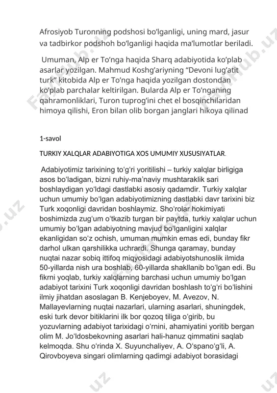tiga xos umumiy xususiyatlar. adabiyotimiz tarixining toʻgʻri yoritilishi – turkiy xalqlar birligiga asos boʻladigan, bizni ruhiy-maʼnaviy mushtaraklik sari boshlaydigan yoʻldagi dastlabki asosiy qadamdir. turkiy xalqlar uchun umumiy boʻlgan adabiyotimizning dastlabki davr tarixini biz turk xoqonligi davridan boshlaymiz. shoʻrolar hokimiyati boshimizda zugʻum oʻtkazib turgan bir paytda, turkiy xalqlar uchun umumiy boʻlgan adabiyotning mavjud boʻlganligini xalqlar ekanligidan soʻz ochish, umuman mumkin emas edi, bunday fikr darhol ulkan qarshilikka uchrardi. shunga qaramay, bunday nuqtai nazar sobiq ittifoq miqyosidagi adabiyotshunoslik ilmida 50-yillarda nish ura boshlab, 60-yillarda shakllanib boʻlgan edi. bu fikrni yoqlab, turkiy xalqlarning barchasi uchun umumiy boʻlgan adabiyot tarixini turk xoqonligi davridan boshlash toʻgʻri boʻlishini ilmiy jihatdan asoslagan b. kenjeboyev, m. avezov, n. mallayevlarning nuqtai nazarlari, ularning asarlari, shuningdek, eski turk devor bitiklarini ilk bor qozoq tiliga oʻgirib, bu yozuvlarning adabiyot tarixidagi oʻrnini, ahamiyatini yoritib bergan olim m. joʻldosbekovning asarlari hali-hanuz qimmatini saqlab kelmoqda. shu oʻrinda x. suyunchaliyev, a. oʻspanoʻgʻli, a. qirovboyeva singari …