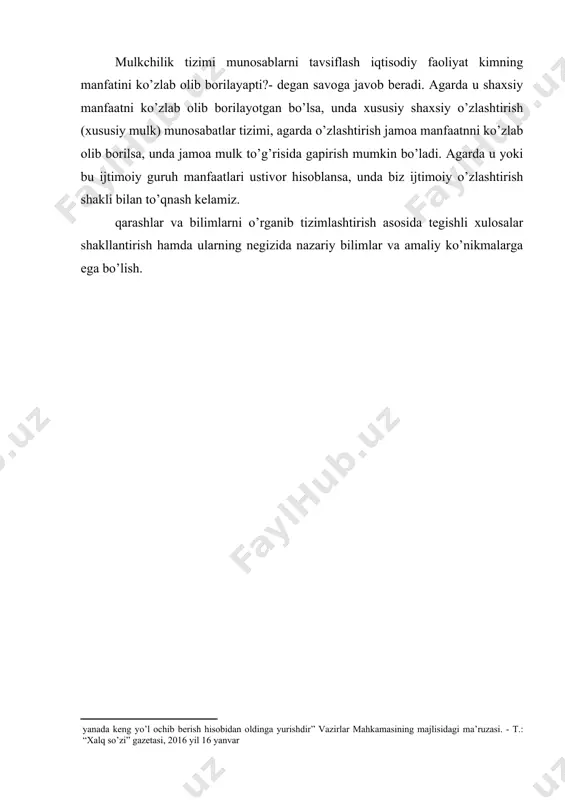 bo’lish. 5 davlat va xususiy mulk tushunchasi va uning ahamiyati davlat mulki — mulkchilik shakllaridan biri, davlatga qarashli va uning uz vazifalarini bajarishi uchun zarur barcha mol-mulklar va mulkiy huquklar. d.m. tushunchasi "davlat" tushunchasi bilan uzviy bogʻlangan boʻlib, ular doimo bir-birini taqozo etib keladi. oʻtmishda d.m. asosan bosqinchilik urushlari hisobiga koʻpayib bordi. d.m. tarkibiga imoratlar va yerdan tashqari oziqovqat mahsulotlari, ot-ulov vositalari, yem va b. ham kirgan. kapitalizm davriga kelib turli sohalar (pul muomalasi, bandlik, tashqi savdo, aholining kam taʼminlangan qatlamlarini ijtimoiy himoyalash, madaniyat, taʼlimni rivojlantirish va b.)da davlat boshqaruvchilik vazifasini bajara boshladi. shunga bogʻliq xrlda d.m. ham maktablar, kasalxonalar, pul-kredit muassasalari, elchixonalar va b. hisobiga ortib bordi. hoz. rivojlangan mamlakatlarda davlatga qarashli korxonalar ulushi turlichadir. mas, aqsh, yaponiyada bu miqdor juda kam (2% atrofida). yevropada yalpi ichki mahsulotning 10%dan (germaniya) 30%gacha (avstriya) boʻlgan ulushini davlat korxonalari ishlab chiqaradi. ularda 4%dan (buyuk britaniya) 20— 25%gacha (avstriya, gretsiya, fransiya) ish kuchi …
