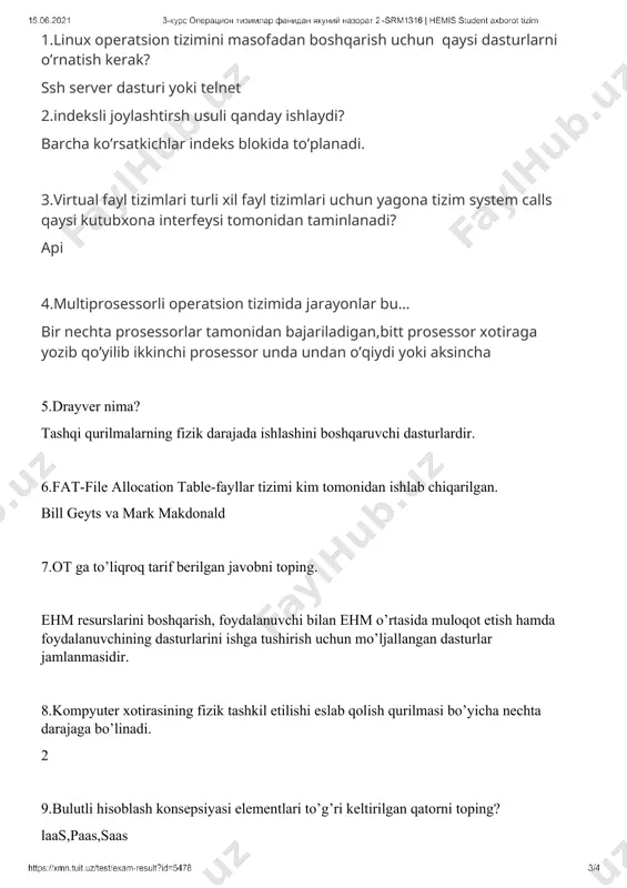 izimida jarayonlar bu… bir nechta prosessorlar tamonidan bajariladigan,bitt prosessor xotiraga yozib qo’yilib ikkinchi prosessor unda undan o’qiydi yoki aksincha 5.drayver nima? tashqi qurilmalarning fizik darajada ishlashini boshqaruvchi dasturlardir. 6.fat-file allocation table-fayllar tizimi kim tomonidan ishlab chiqarilgan. bill geyts va mark makdonald 7.ot ga to’liqroq tarif berilgan javobni toping. ehm resurslarini boshqarish, foydalanuvchi bilan ehm o’rtasida muloqot etish hamda foydalanuvchining dasturlarini ishga tushirish uchun mo’ljallangan dasturlar jamlanmasidir. 8.kompyuter xotirasining fizik tashkil etilishi eslab qolish qurilmasi bo’yicha nechta darajaga bo’linadi. 2 9.bulutli hisoblash konsepsiyasi elementlari to’g’ri keltirilgan qatorni toping? laas,paas,saas 10.saxifa bo’yicha boshqarish usuli to’g’ri ko’rsatilgan javobni toping. virtual xotira -> (operativ xotira +tashqi xotira) 11.ubuntuda fayl va katologlarni o’chiruvchi komandasini ko’rsating. rm-r 12.otning maqsadi: barcha javoblar to’g’ri 13.bulutli hisoblash standartlari to’g’ri ko’rsatilgan qatorni toping? dasturlash(ssl,xmpp,http),klentlar(html5 va ajax),amalga oshirish(omf),servislar (xml) 14.windows server ot oilasi ishlab chiqarish nechanchi yilda boshlangan. 2003 15.jarayon tushunchasi – bu… biron bir dastur bajarilishidagi faol topshiriqlar ketma-ketligi 16.api …