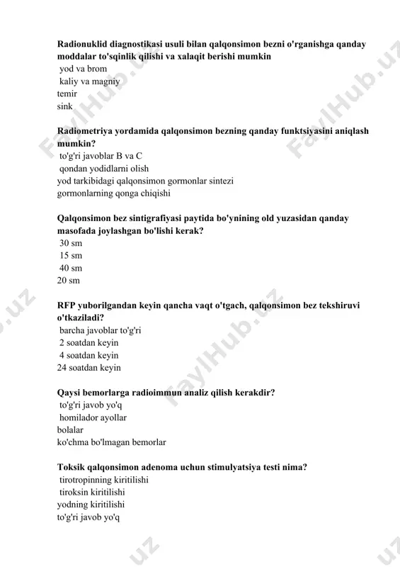 ografiya ultratovush limfa tugunlarida uzoq metastazlar va metastazlarni aniqlash uchun qanday tadqiqot usuli qo'llaniladi? uy hayvonlari kt mrt ultratovush turk egati o'simtasining qaysi lokalizatsiyasida miyaning uchinchi qorinchasini bosib olish belgilari bor? yulduzlararo endosellar parazellar retrosellar turk egati o'smasining qaysi turi itsenko-kushing kasalligi ko'rinishida namoyon bo'ladi? bazofil atsidofil xromofon hamma javob to’g’ri anteroposterior (sagittal) proektsiyada turk egati ning normal o'lchamlari qanday? 9-14 mm 7-12 mm 10-15 mm 5-10 mm gipofiz bezi rentgenologik belgilariga xos emas: turk egari hajmini kichrayishi turk egari hajmini oshishi turk egari suyanchigi tugirlanishi va uzunlashishi egarga kirish qismini kengayishi qaysi rentgenologik belgi gipofiz adenomasiga xarakterli emas: turk egari hajmini kichrayishi turk egari hajmini oshishi turk egari suyanchigi tugirlanishi va uzunlashishi egarga kirish qismini kengayishi mammografiyada kuper bog'lamalari qaysi yosh eng yaxshi aniqlanadi: 31-40 yosh 41-50 yoshda 51-60 yosh hamma yoshda mastopatiyaning aralash shaklida kantrol rentgen tekshiruvlari har qancha vaqtda o’tkaziladi. 1 yildan keyin 6 oydan keyin 1,5-2 …