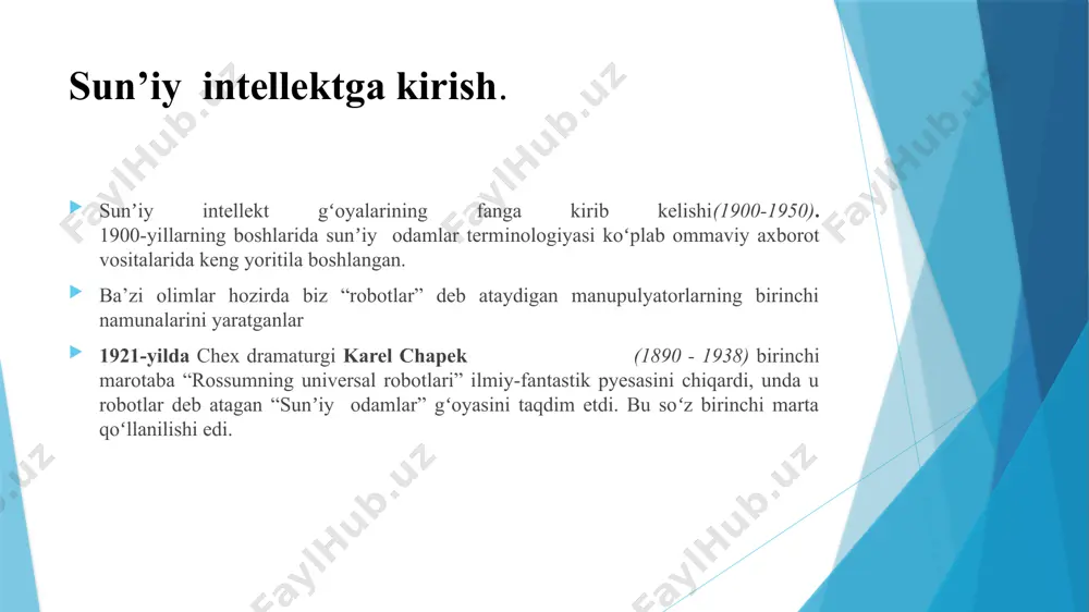 hun dasturlashtirdi, biroq ular ingliz tilidan voz kechishdi va oʻz tillarini butunlay avtonom tarzda rivojlantirishdi. 2018-yilda alibabaning tilni qayta ishlovchi sunʼiy intellekt deb nomlangan xitoy texnologik guruhi stenfordda oʻqish va tushunish testida inson intellektini yutib chiqdi. 2019-yilda google alphastar starcraft 2 video oʻyinida grandmasterga yetib bordi, bu esa inson oʻyinchilarining 0,2 foizidan oshib ketdi. sunʼiy intellekt 2012-yildan hozirgi kungacha 2020-yilda open sunʼiy intellekt kod, she’riyat va boshqa shunga oʻxshash til va yozish vazifalarini yaratish uchun deep learningdan foydalanadigan model gpt-3 sinovini boshladi. garchi bu birinchi boʻlmasada, u odamlar tomonidan yaratilgan kontentdan deyarli farq qilmaydigan birinchi na’munasidir. 2021-yilda open sunʼiy intellekt dall-e-ni ishlab chiqdi, u aniq lavhalar yaratish uchun yetarlicha tasvirlarni qayta ishlay oladi va tushuna oladi, sunʼiy intellektning vizual dunyoni tushunishiga bir qadam yaqinlashtiradi. turing testi. alan tyuring tomonidan 1950 yilda mind falsafiy jurnalida chop etilgan "computing machinery and mind" nomli maqolasida taklif qilingan empirik (sezgilar orqali, ayniqsa kuzatish yoki …