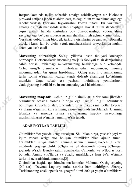 a uglevodlar, oqsillar va yoglardan ajralib chiqqan energiyadan foydalanadilar. ana shu modda almashinish jarayonini o‘simlik va hayvonlarda fermentlar, gormonlar va vitaminlar tartibga solib turadi. jinsiy hujayralarning hosil bo‘lishi, ularning hatti- harakati hayvonlar va o‘simliklarda deyarli bir xil, ularni hujayralarini fizikaviy va kimiyoviy tuzilishlari ham o‘xshashdir. respublikamizda ta’lim sohasida amalga oshirilayotgan tub islohotlar pirovard natijada jahon talablari darajasidagi bilim va ko'nikmalarga ega raqobatbardosh kadrlami tayyorlashni ko'zda tutadi. bu vazifalami amalga oshirish maqsadida ishlab chiqilgan davlat ta’lim standartlari, o'quv rejalari, hamda dasturlari boy dunyoqarashga, yuqori ilmiy saviyaga ega bo'lgan mutaxassislami shakllantirish uchun xizmat qiladi. yer shari qobig’ining biologik tarkibiy qismlarini o'rganuvchi botanika asoslari kursi fan bo’yicha yetuk mutahassislarni tayyorlashda muhim ahamiyat kasb etadi mavzuning dolzarbligi: so’ngi yillarda inson faoliyati kuchayib bormoqda. biotsenozlarda insonning xo’jalik faoliyati ta’sir darajasining oshib borishi, tabiatdagi muvozanatning buzilishiga olib kelmoqda. ochiq urugʻli oʻsimliklar muhofaza qilish muommosi, umumiy muommolardan bir qismi hisoblanadi. ochiq urugʻli oʻsimliklarning turlar sonini o’rganish hozirgi …