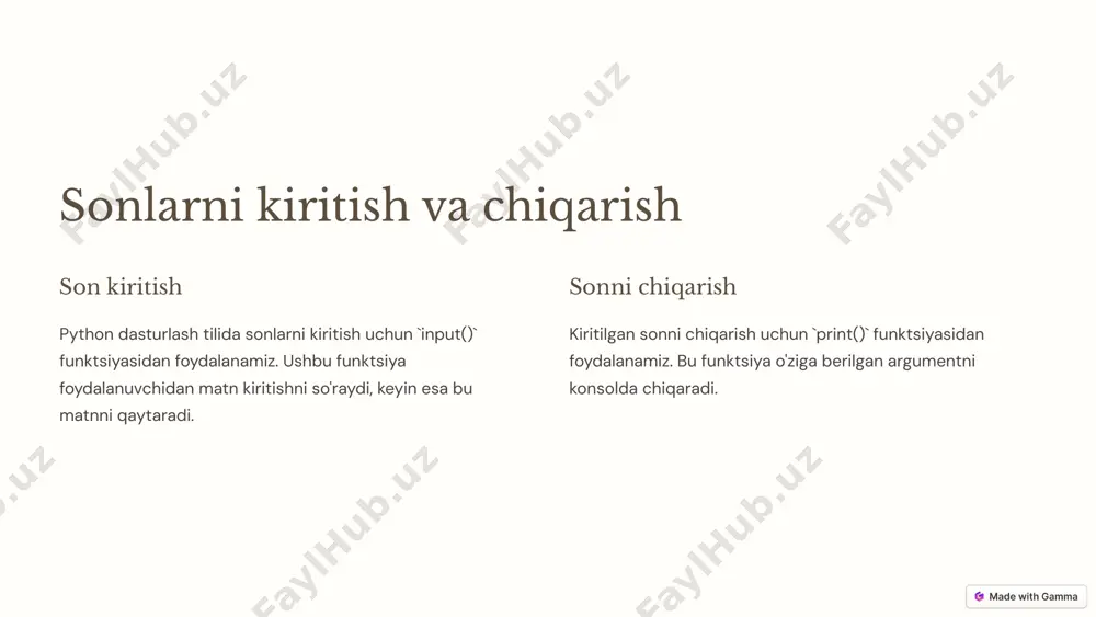 di. 3 kerak bo'lsa, kiritilgan ma'lumotlarni kerakli ma'lumot turiga aylantirishimiz mumkin. 6 ma'lumotlarni chiqarish (print()) ma'lumotlarni konsolda chiqarish uchun `print()` funktsiyasidan foydalaniladi. `print()` funktsiyasiga argument sifatida chiqarilishi kerak bo'lgan ma'lumotlar beriladi. bir necha argumentni vergul bilan ajratib `print()` funktsiyasiga berish mumkin. 7 formatlar va foydalanuvchi kiritgan ma'lumotlar 1 formatlash 2 ma'lumotlarni 3 kiritish foydalanuvchidan kiritilgan ma'lumotlarni `print()` funktsiyasida formatlash uchun `f-string`lardan foydalanamiz. bu erda biz `{}` ichiga o'zgaruvchilarni yoki ifodalarni yozamiz va `f` bilan boshlaydigan satrni belgilaymiz. 8 ma'lumotlarga ishlov berish 1 turlarni 2 aylantirish 3 arifmetik 4 operatsiyalar foydalanuvchidan kiritilgan ma'lumotlarni kerakli ma'lumot turiga aylantirish mumkin. masalan, matnni songa aylantirish uchun `int()`, `float()` funktsiyalaridan foydalaniladi. arifmetik amallarni bajarish uchun `+`, `-`, `*`, `/`, `%`, `**` operatorlaridan foydalaniladi. 9 xulosa va eslatmalar siz python dasturlash tilida matematik funktsiyalar va ma'lumotlarni kiritish/chiqarish haqida bilib oldingiz. ushbu ma'lumotlarni amalda qo'llash orqali dasturlash ko'nikmalaringizni oshirasiz. o'zingizga qulay bo'lgan turli xil misollarni yaratib, o'rganishni …