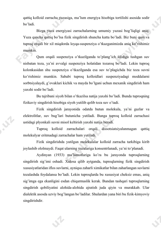 ham deyiladi. misol qilib sho’rtoblarning hosil bo’lishi sho’rtob tuproqlarni sho’rtobsizlanishini keltirishimiz mumkin. sho’rxok tuproqlardan qishloq xo’jaligida foydalanish uchun ularning sho’rini yuvish kerak bo’ladi. bunda vaqtinchalik sho’rtoblik quyidagicha hosil bo’ladi: bu jarayon qaytar jarayon hisoblanadi, ya’ni odatda sho’rtob tuproqlar hosildorligini oshirish uchun gips, ohak va boshqa minerallar, jinslar solinadi, ya’ni bu jarayon ham qaytar, shuning uchun hosil bo’lgan tuzni tezda yuvib tuproq maydonidan tashqariga chiqarish kerak. xulosa qilib aytganda, tuproqdagi singdirish xususiyatlari ularning tarkibidagi singdirish komplekslari orqali namoyon bo’ladi. tuproqlarning singdiruvchi kompleksi ion almashtirish qobiliyatiga ega bo’lgan, tuproqning qattiq fazasiga uning singdirish kompleksi (tsk) deyiladi. bu o’rinda tuproqni qattiq fazasi deyilganda uning mineral, organik va organo-mineral qismlarini kompleks, ya’ni birgalikda tushunish lozim. tsk da almashinish qobiliyatiga ega bo’lgan kationlar bo’lishi kerak, aks holda tsk bilan tuproq eritmasi o’rtasida ion almashinishi sodir bo’lmaydi. bu ta’rif, ya’ni tskga berilgan tavsif mukammalashtirishga muhtoj. negaki, tuproq qattiq fazasining hammasi ham kation almashinish jarayonida qatnashmaydi. masalan …