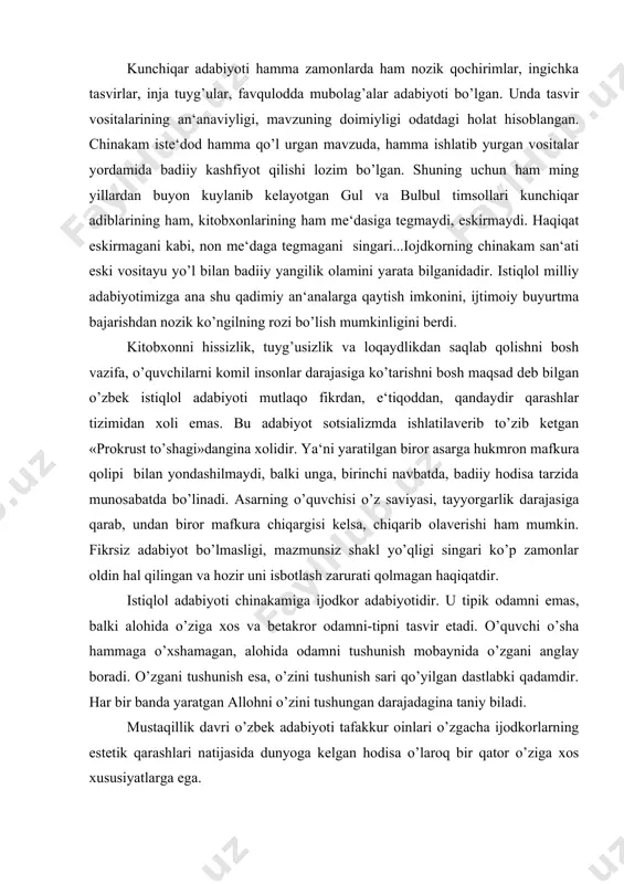 mumkin. fikrsiz adabiyot bo’lmasligi, mazmunsiz shakl yo’qligi singari ko’p zamonlar oldin hal qilingan va hozir uni isbotlash zarurati qolmagan haqiqatdir. istiqlol adabiyoti chinakamiga ijodkor adabiyotidir. u tipik odamni emas, balki alohida o’ziga xos va betakror odamni-tipni tasvir etadi. o’quvchi o’sha hammaga o’xshamagan, alohida odamni tushunish mobaynida o’zgani anglay boradi. o’zgani tushunish esa, o’zini tushunish sari qo’yilgan dastlabki qadamdir. har bir banda yaratgan allohni o’zini tushungan darajadagina taniy biladi. mustaqillik davri o’zbek adabiyoti tafakkur oinlari o’zgacha ijodkorlarning estetik qarashlari natijasida dunyoga kelgan hodisa o’laroq bir qator o’ziga xos xususiyatlarga ega. birinchidan, bu davr adabiyoti hukmron mafkura tazyiqidan qutulgan, olam va odam ruhiyatiga mansub hodisalarga xilma-xil qarashlarning mahsuli bo’lgan adabiyotdir. bu davrda olamning mavjudlik yo’sinini turlisa izohlash imkoniyati paydo bo’ldi. bu hol milliy adabiyotimizning ifoda imkoniyatlarini kengaytirdi. ilmiy-estetik qarashlar xilma-xilligini yuzaga keltira boshladi. ikkinchidan, mustaqillik davri o’zbek adabiyoti endilikda davlat adabiyoti bo’lmay qoldi. mustaqil o’zbek davlati demokratik yo’nalishda faoliyat ko’rsatayotgani uchun ham …