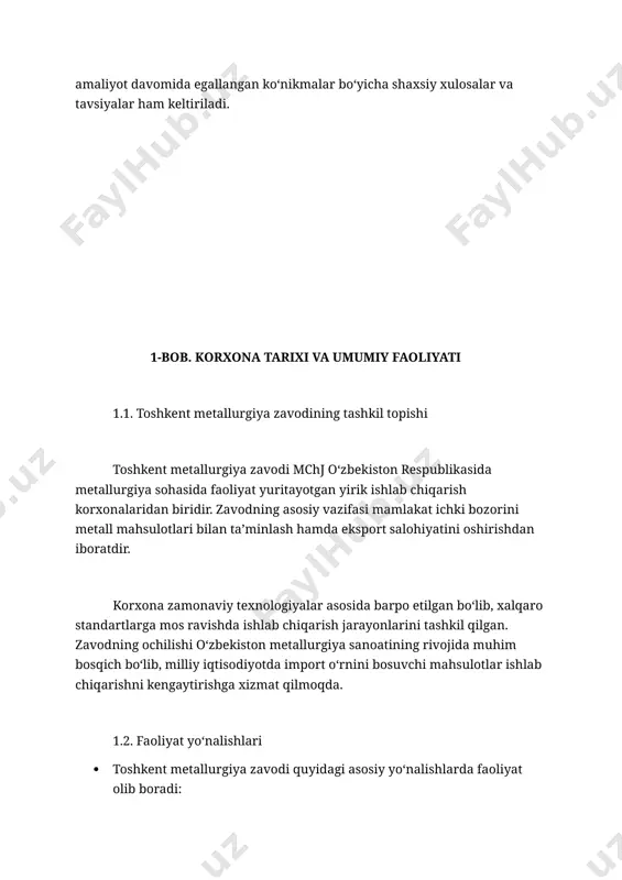 ta’minotini boshqaradi; · yuridik bo‘lim – shartnomalar va huquqiy masalalarni nazorat qiladi. 2.3. buxgalteriya bo‘limining o‘rni buxgalteriya bo‘limi zavodning moliyaviy faoliyatini yurituvchi asosiy bo‘limlardan biri hisoblanadi. bu bo‘limning vazifalari quyidagilardan iborat: moliyaviy hujjatlarni yuritish; daromad va xarajatlarni hisobga olish; soliq hisobotlarini tayyorlash; xodimlar ish haqlarini hisoblash; korxona moliyaviy barqarorligini ta’minlash. 2.4. sotuv bo‘limining vazifalari sotuv bo‘limi korxonaning tayyor mahsulotlarini xaridorlarga yetkazib berish, shartnomalar tuzish va bozordagi raqobatbardoshligini ta’minlash bilan shug‘ullanadi. ularning asosiy vazifalari: mijozlar bilan shartnomalar tuzish; mahsulot narxlarini shakllantirish; ichki va tashqi bozor talablarini o‘rganish; eksport jarayonlarini amalga oshirish. 2.5. rahbariyat va bo‘limlararo hamkorlik korxonaning barcha bo‘limlari o‘zaro hamkorlikda ishlaydi. masalan, ishlab chiqarish bo‘limi mahsulot tayyorlasa, sotuv bo‘limi uni bozorga chiqaradi, buxgalteriya esa moliyaviy hisob-kitoblarni yuritadi. bunday hamkorlik korxonaning umumiy faoliyatida yuqori samaradorlikka erishishga yordam beradi. 3-bob. buxgalteriya bo‘limi faoliyati 3.1. buxgalteriya bo‘limining umumiy vazifalari toshkent metallurgiya zavodi mchjda buxgalteriya bo‘limi moliyaviy va xo‘jalik faoliyatini nazorat qilishda muhim o‘rin …